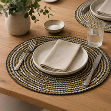 Load image into Gallery viewer, Dainty Home Kaleidoscope 15" Round Woven Placemats with Metallic Thread, Set of 4 – Durable & Reversible