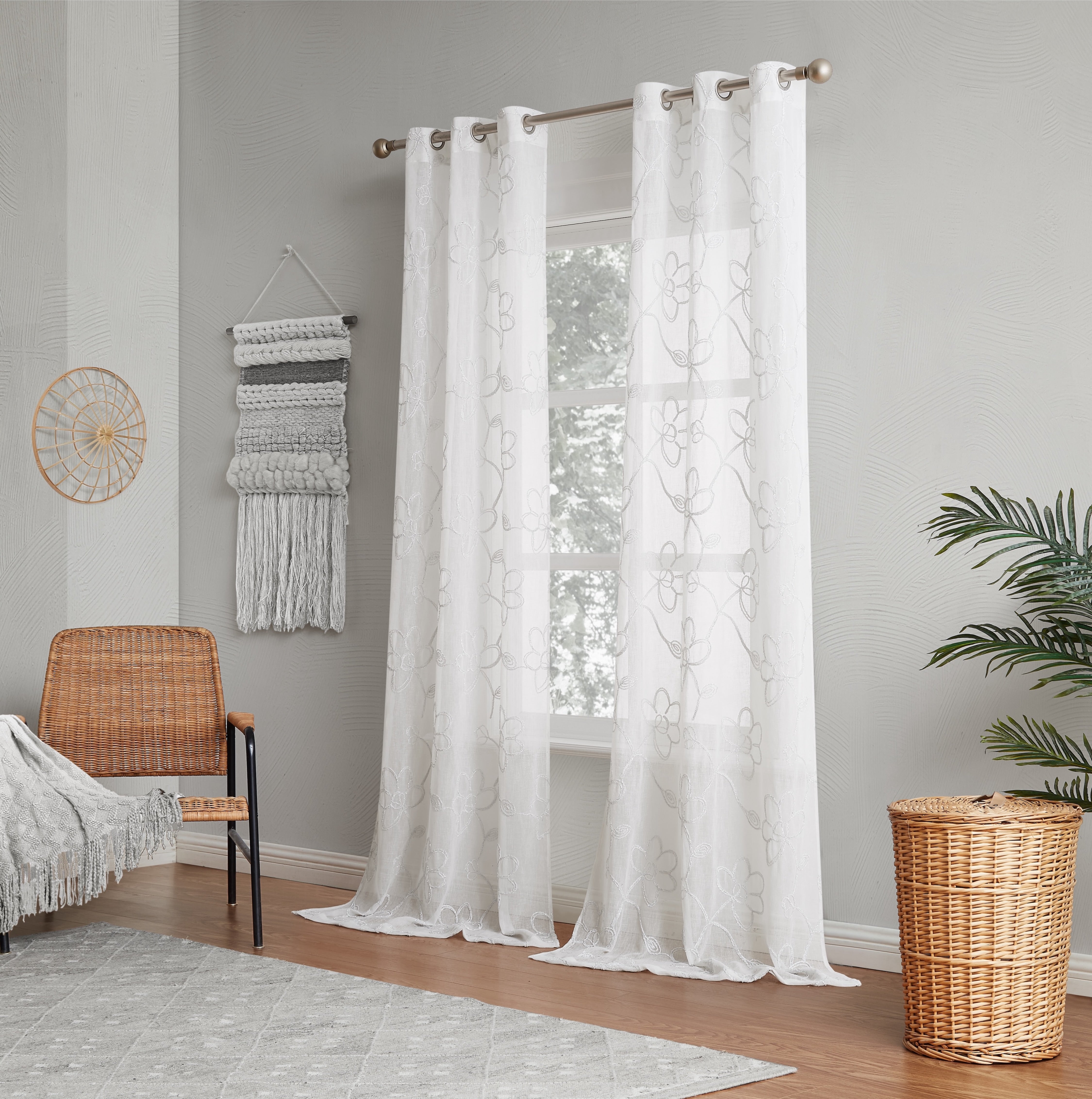 Dainty Home Rita Linen Look Boho Solid Fabric With 3D Floral Chenille Embroidery Light Filtering Grommet Panel Pair