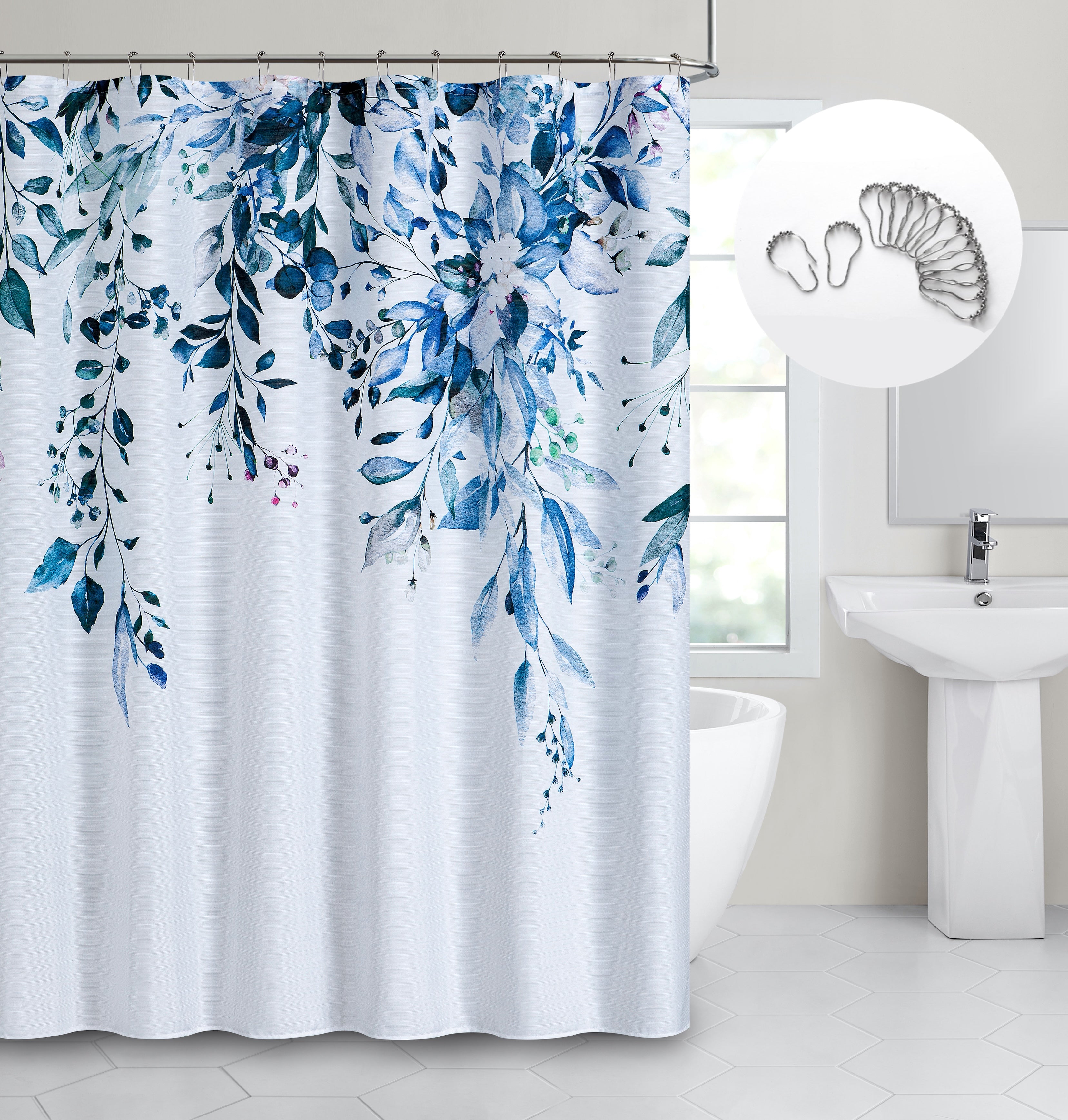 Dainty Home Whisper 3D Textured Fabric Shower Curtain with 12 Metal Rollerball Hooks, 70" x 72"