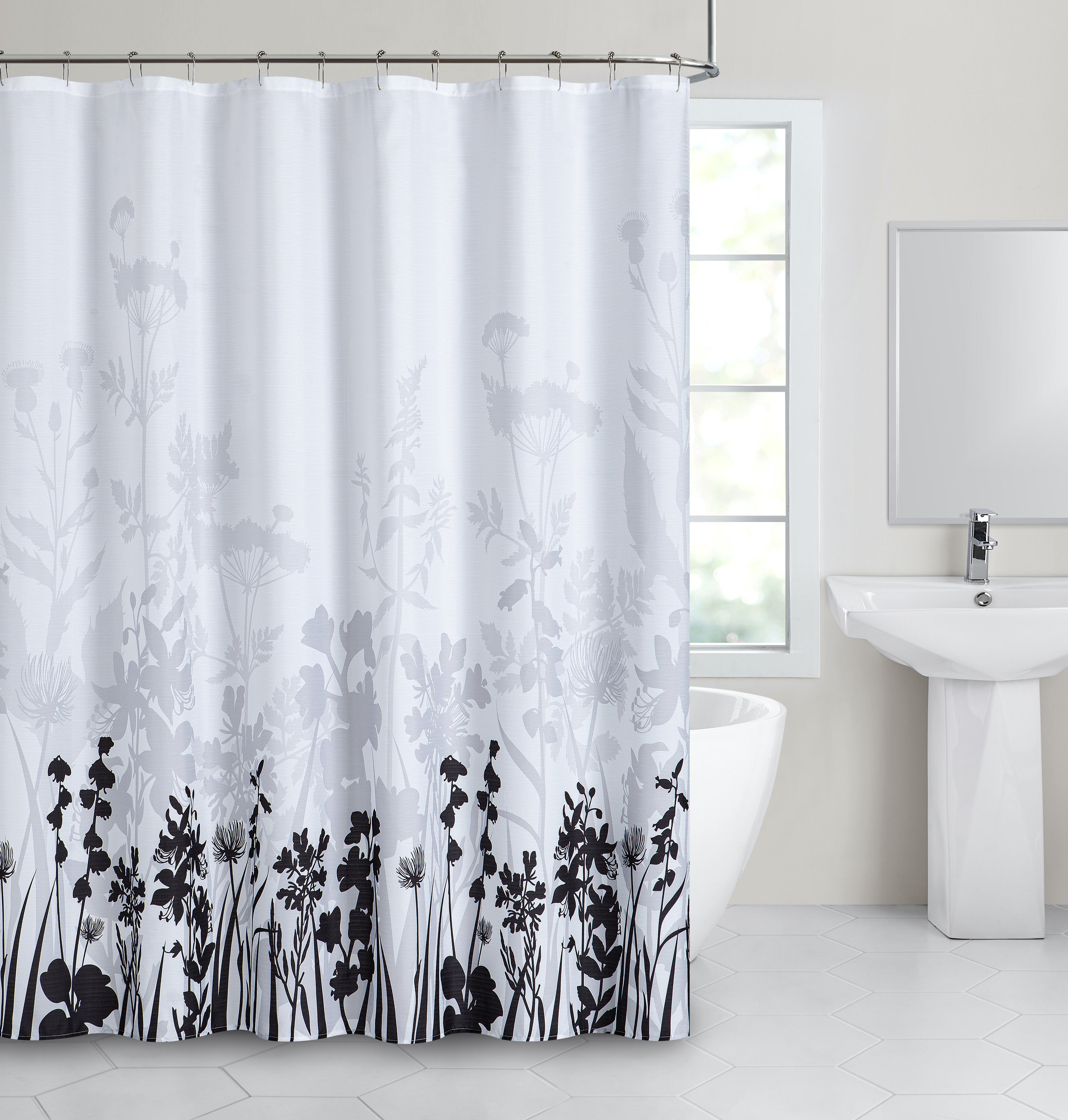 Dainty Home Floral Field Printed Fabric 3D Designed Textured Fabric Shower Curtain 70" x 72"