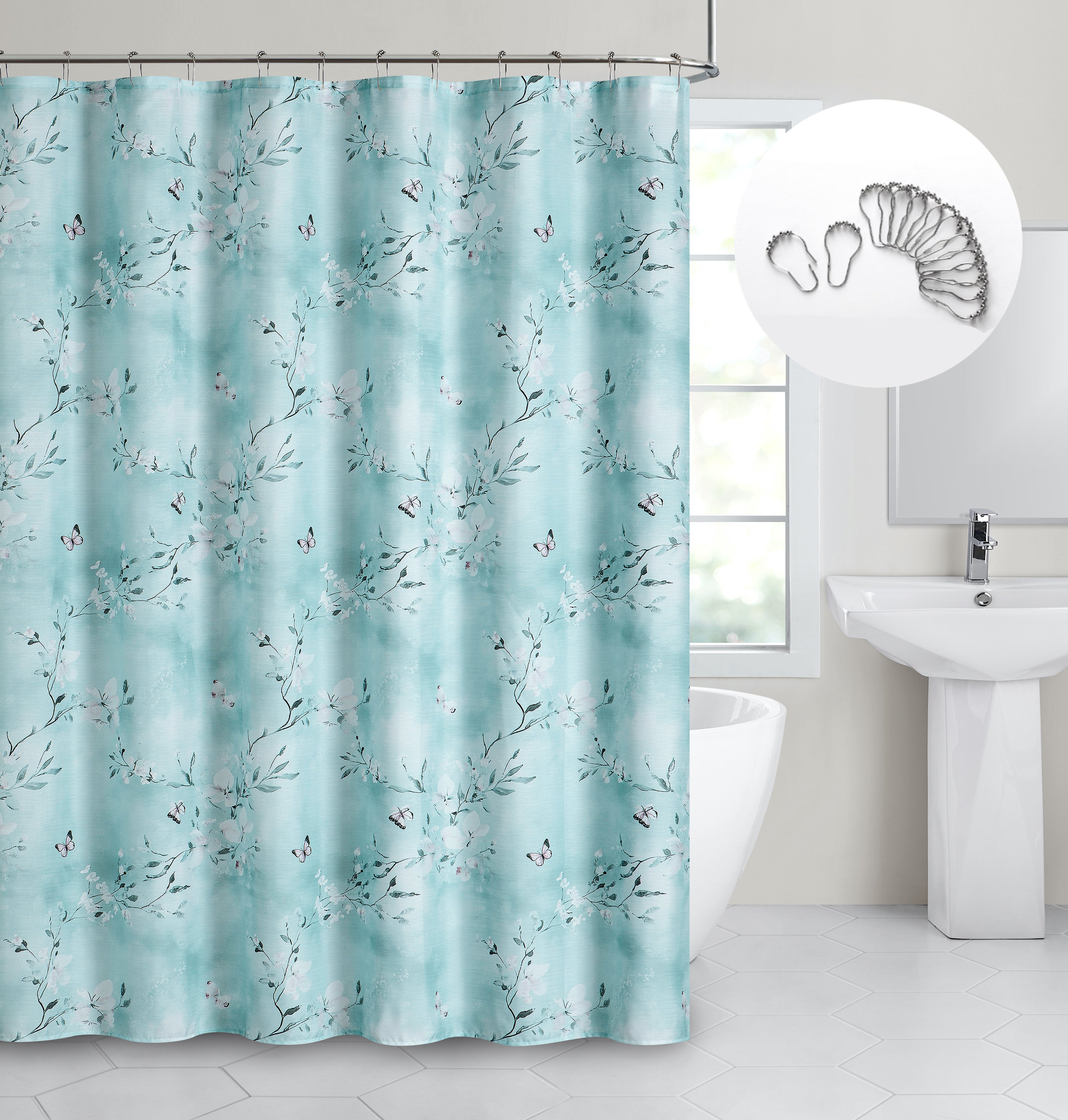 Dainty Home Cascading Florals 3D Textured Fabric Shower Curtain with 12 Metal Rollerball Hooks, 70" x 72"