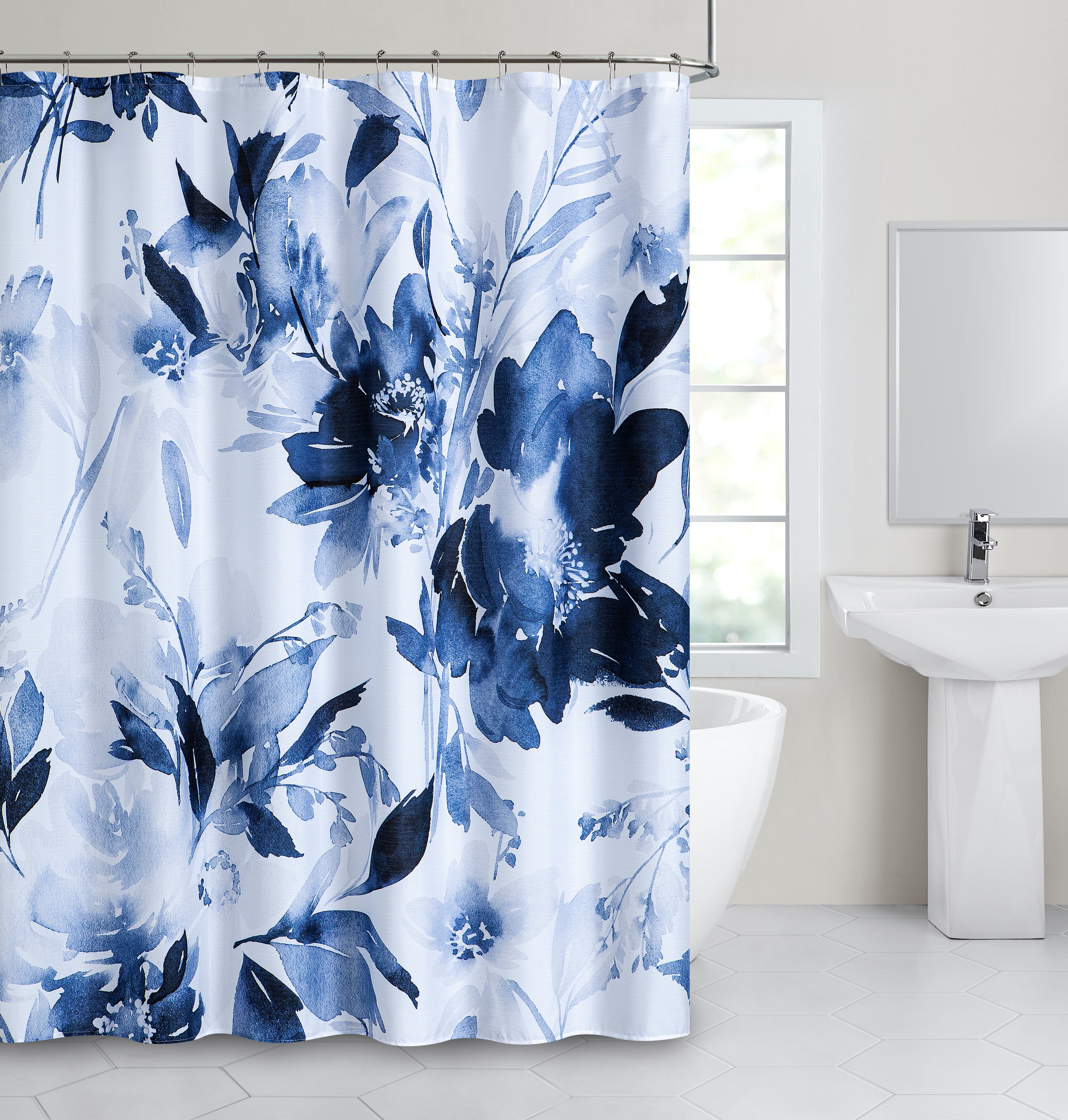 Dainty Home Blue Florals Printed Fabric 3D Designed Textured Fabric Shower Curtain 70" x 72"