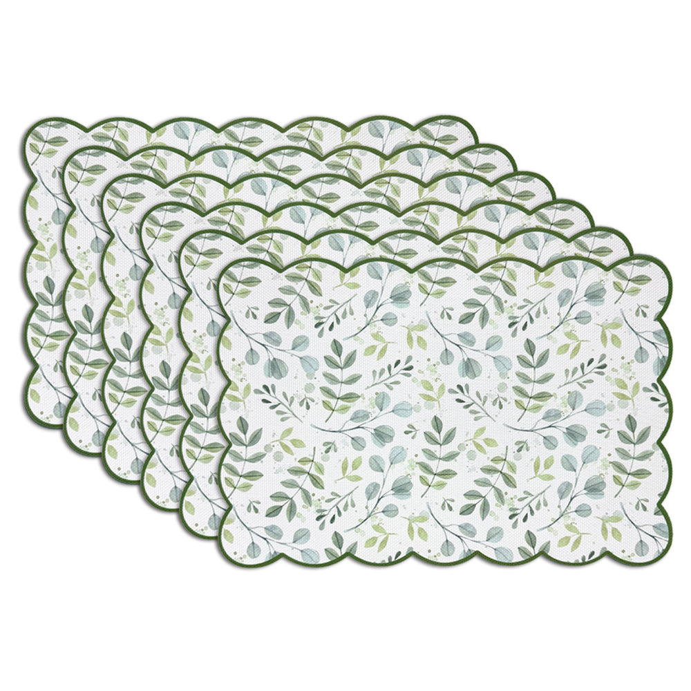 Dainty Home Leaves Woven Vinyl Scalloped Border Rectangular Placemat Set Of 6 13" x 19"