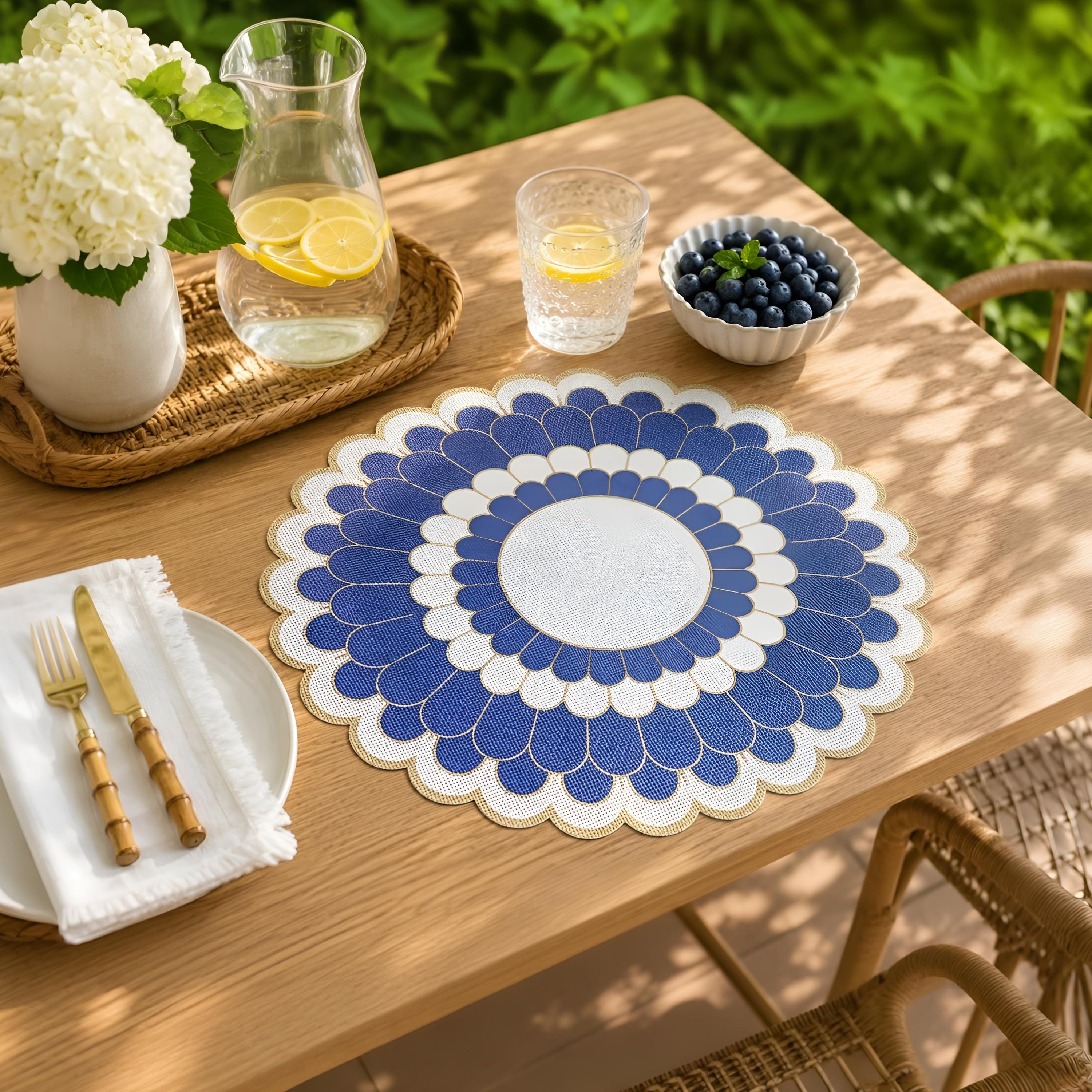Dainty Home Blooming Flower Vinyl Round Placemat Set of 6, Waterproof Easy Clean Scalloped Placemats
