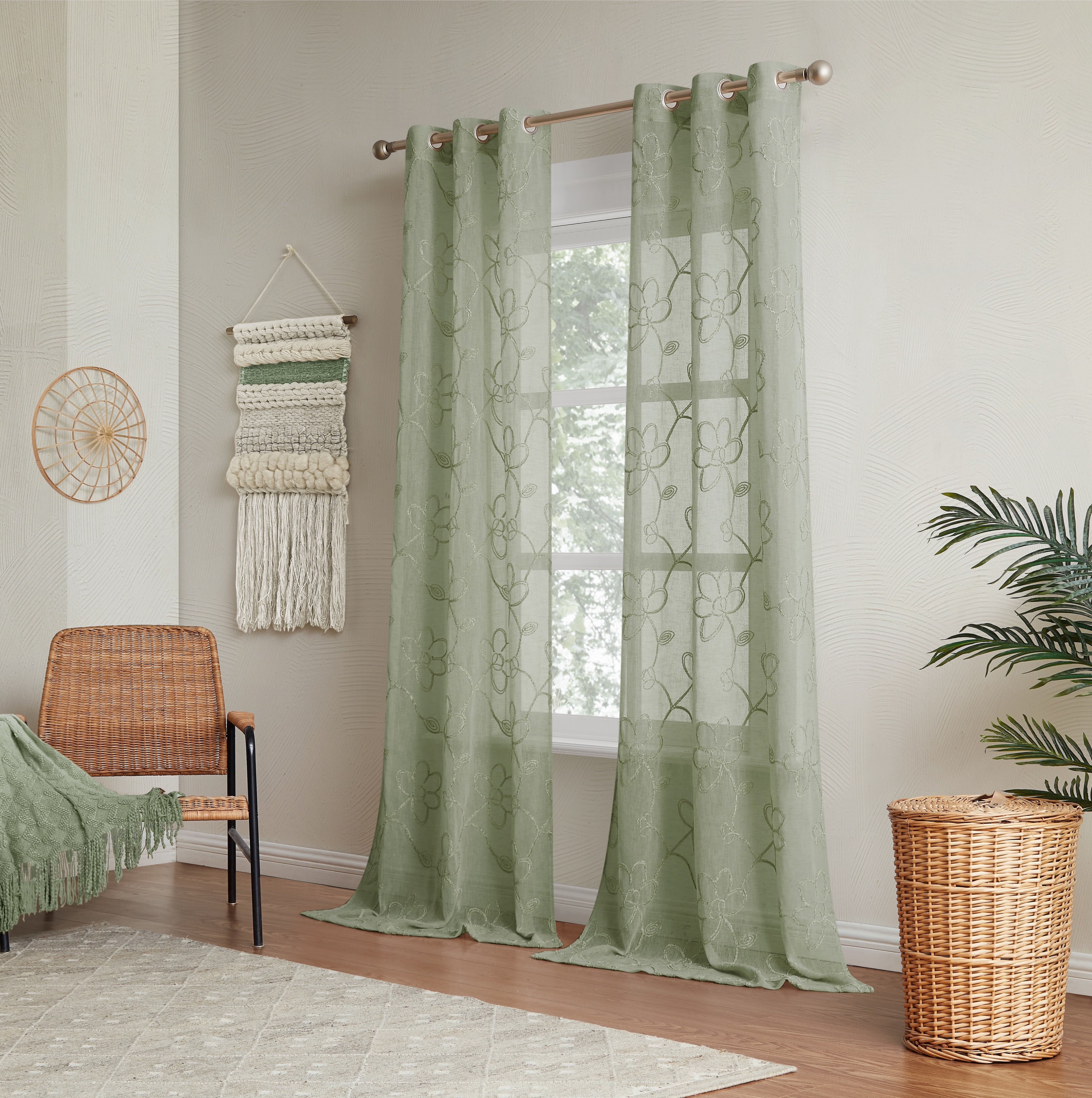 Dainty Home Rita Linen Look Boho Solid Fabric With 3D Floral Chenille Embroidery Light Filtering Grommet Panel Pair