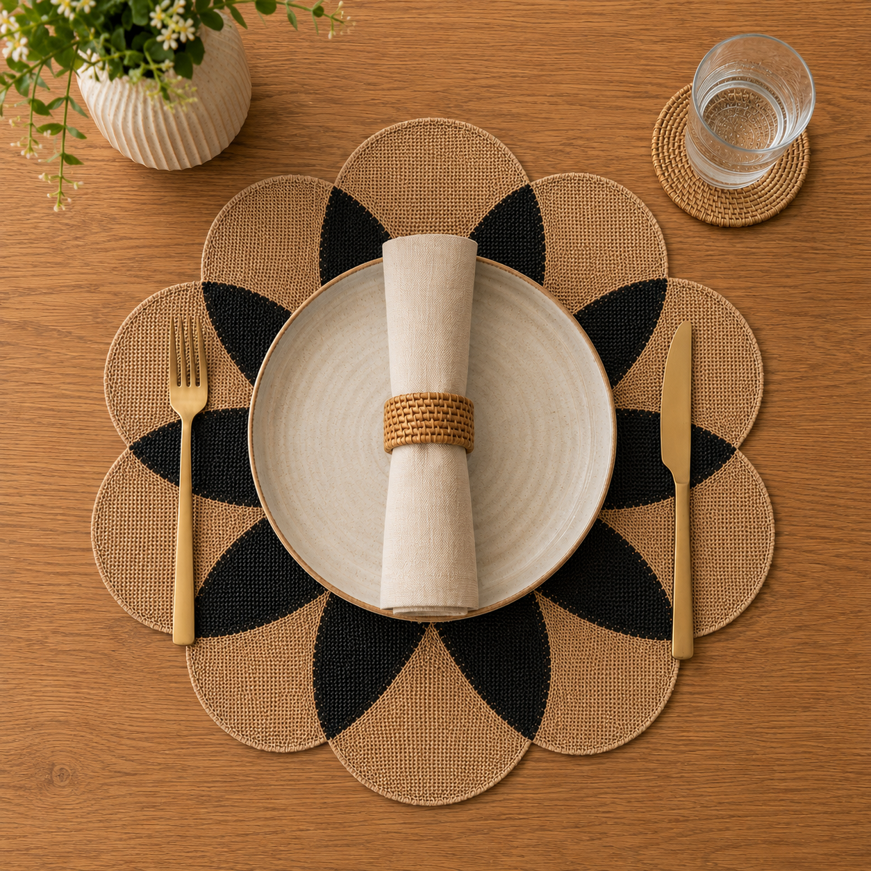 Dainty Home Maui 15" Flower Shaped Natural Jute and Paper Placemats Set of 4 - Durable Table Mats