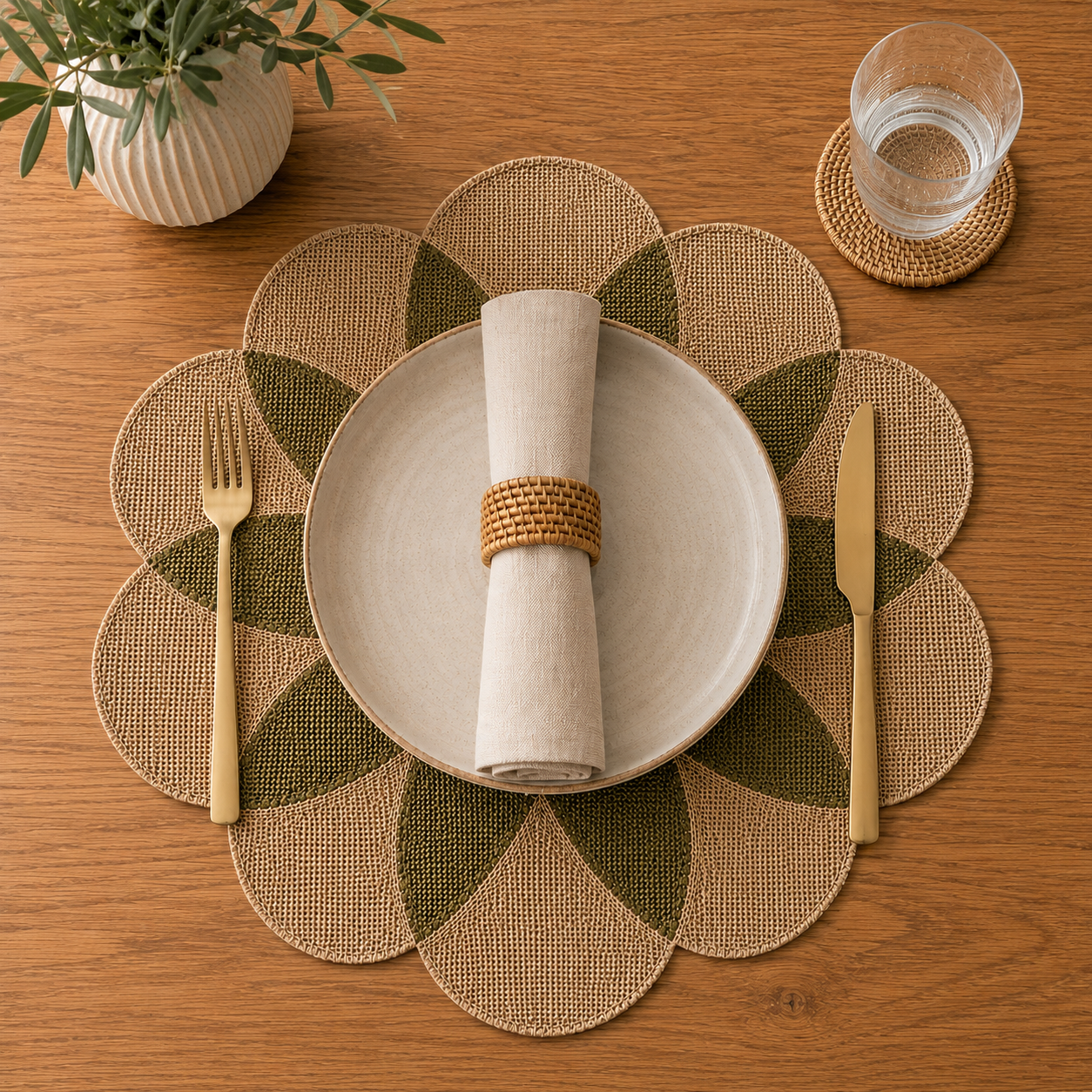 Dainty Home Maui 15" Flower Shaped Natural Jute and Paper Placemats Set of 4 - Durable Table Mats