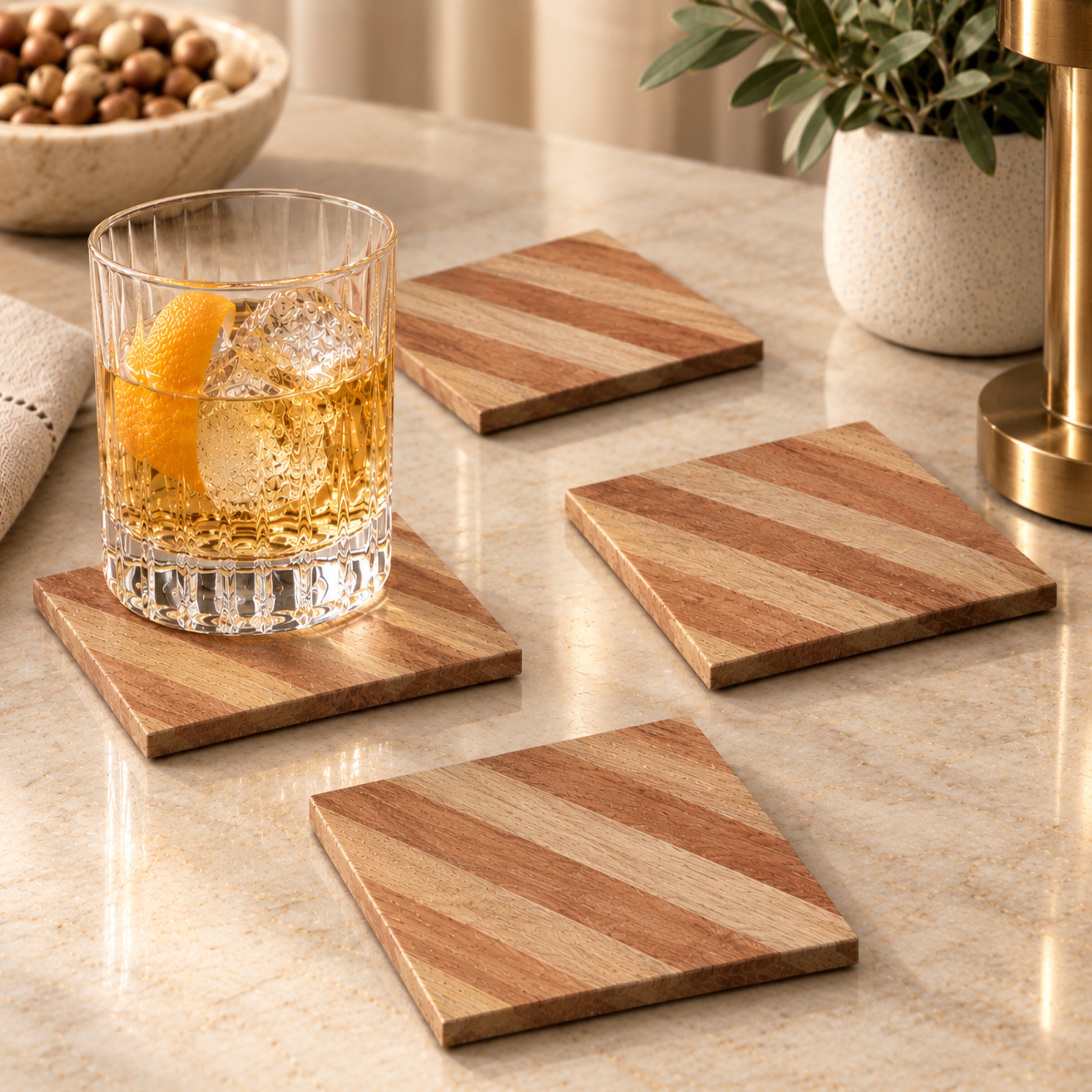 Dainty Home Wood With Stripe Designed 4" Square Coaster Set Of 4