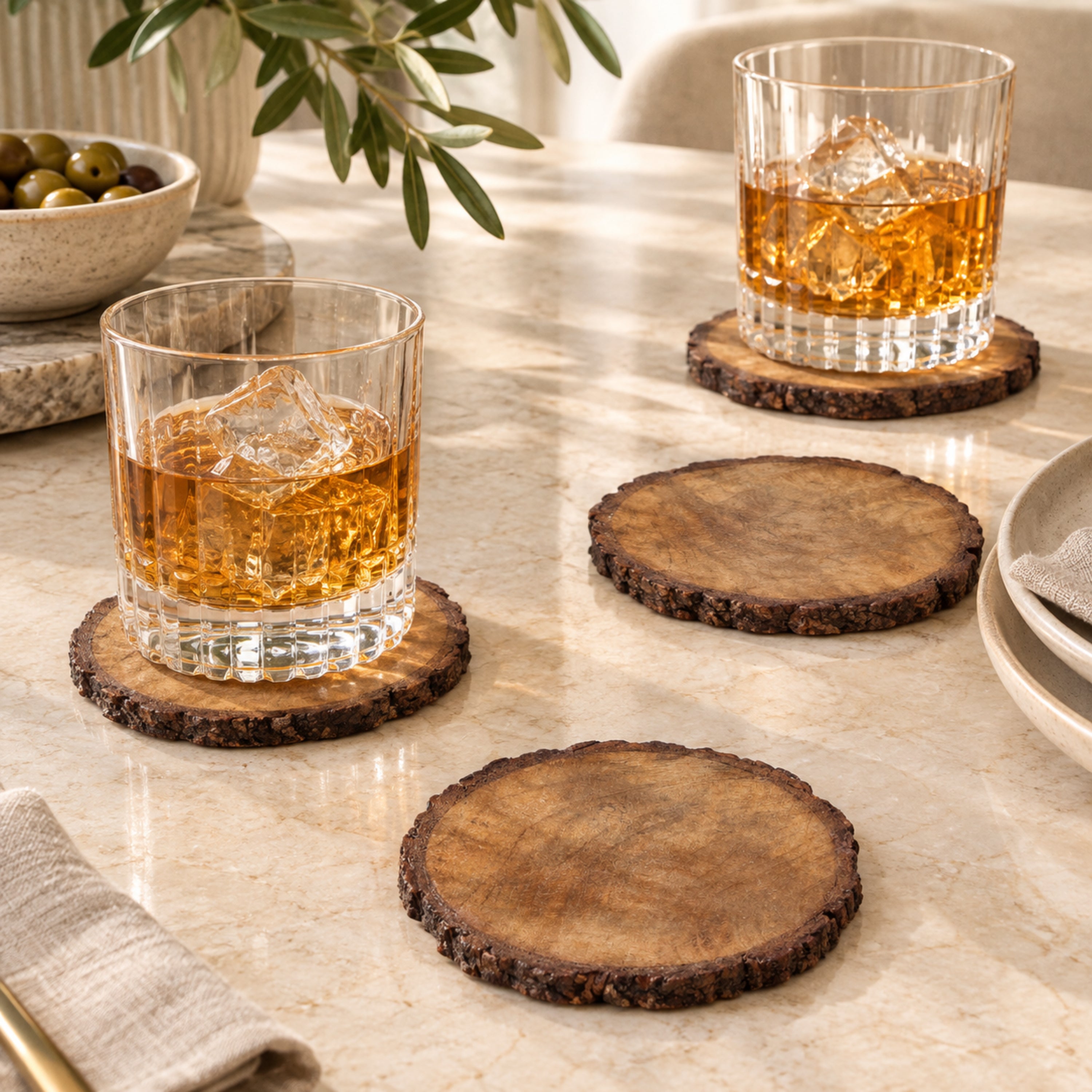 Dainty Home Wood With Tree Bark Designed 4" Round Coaster Set Of 4