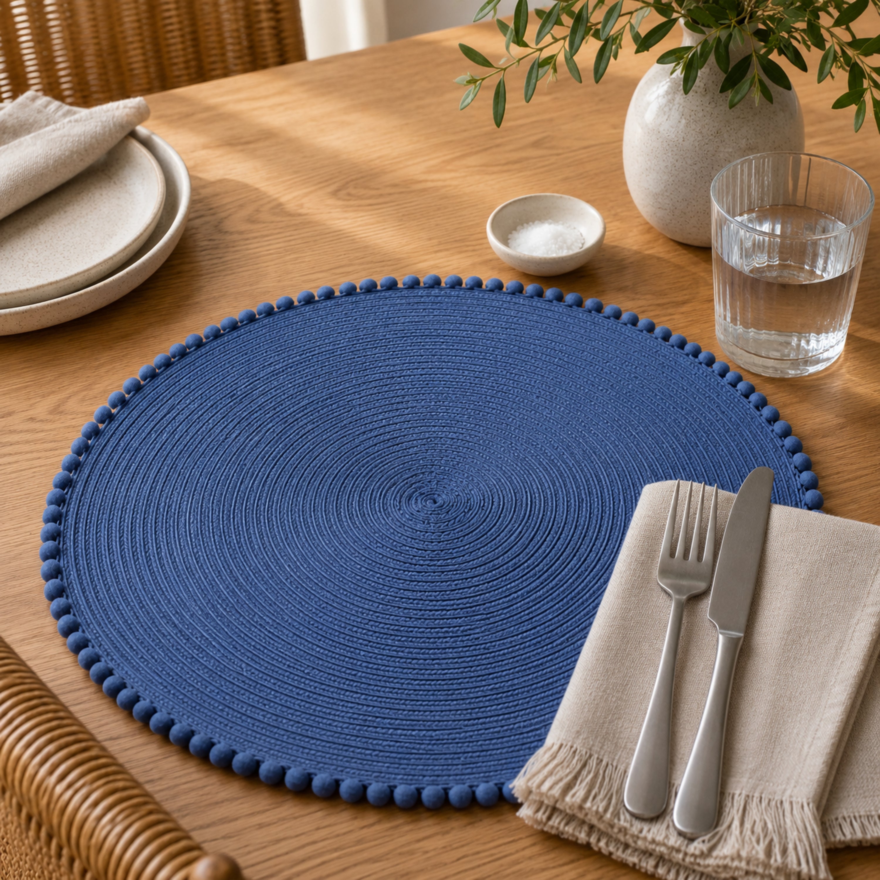 Dainty Home Pom Pom 15" Round Woven Placemats Set of 6 - Durable, Reversible & Non-Slip Table Mats