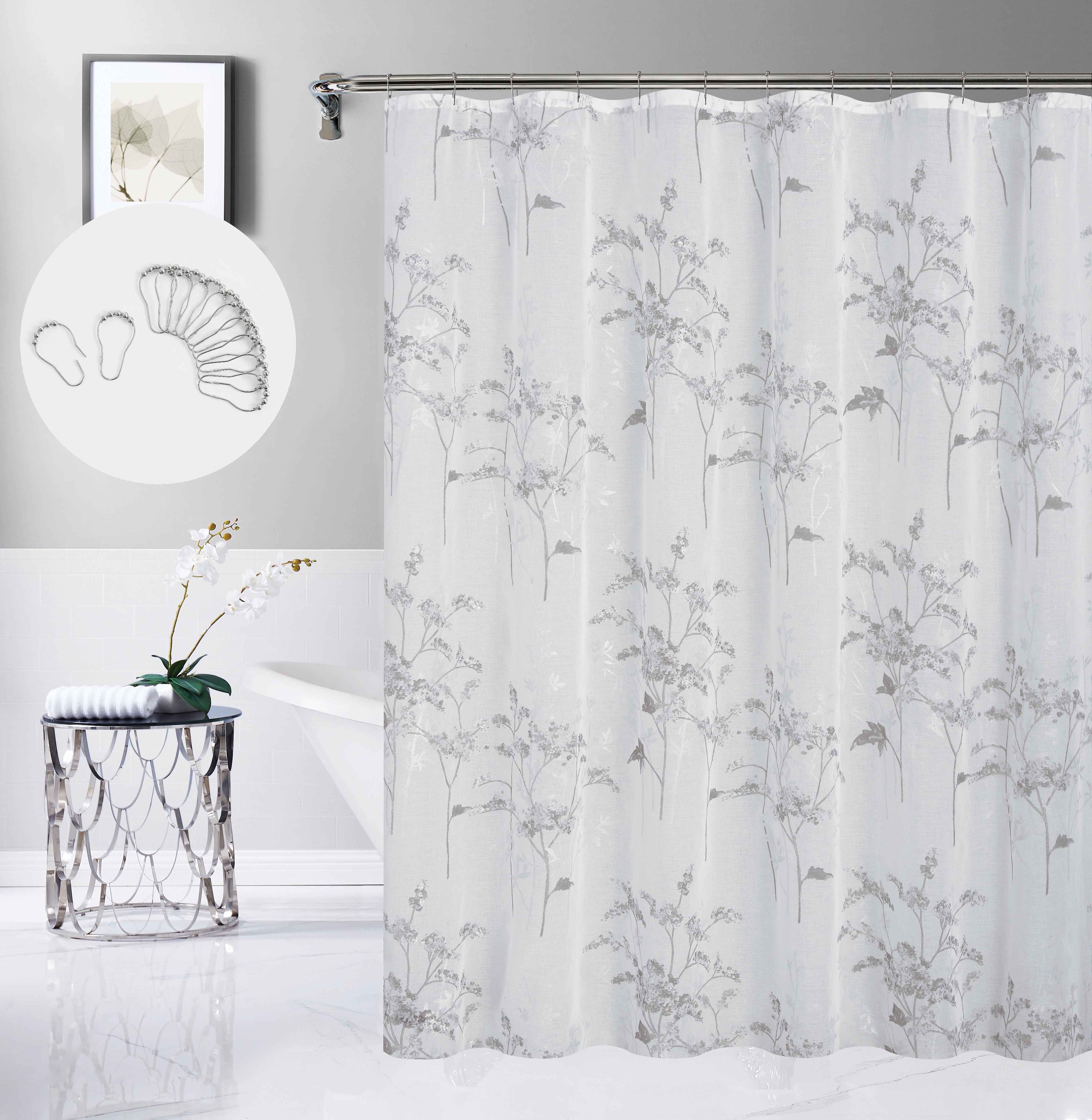 Dainty Home Jessica Linen Textured Metallic Fabric Shower Curtain with 12 Matching Hooks 70" x 72"