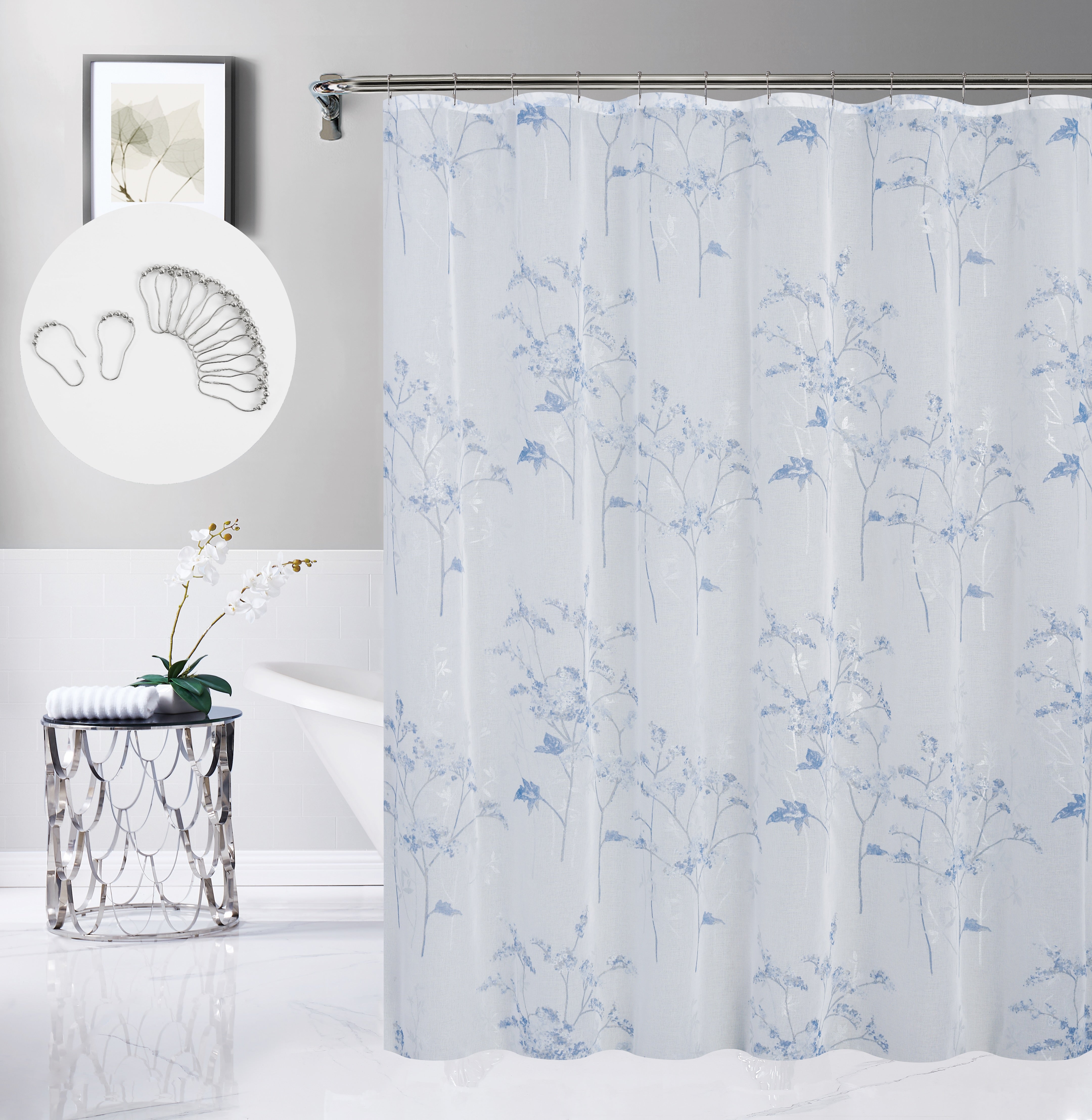 Dainty Home Jessica Linen Textured Metallic Fabric Shower Curtain with 12 Matching Hooks 70" x 72"