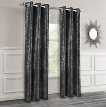 Load image into Gallery viewer, Black lurex curtains in a room with a mirror on the wall.
