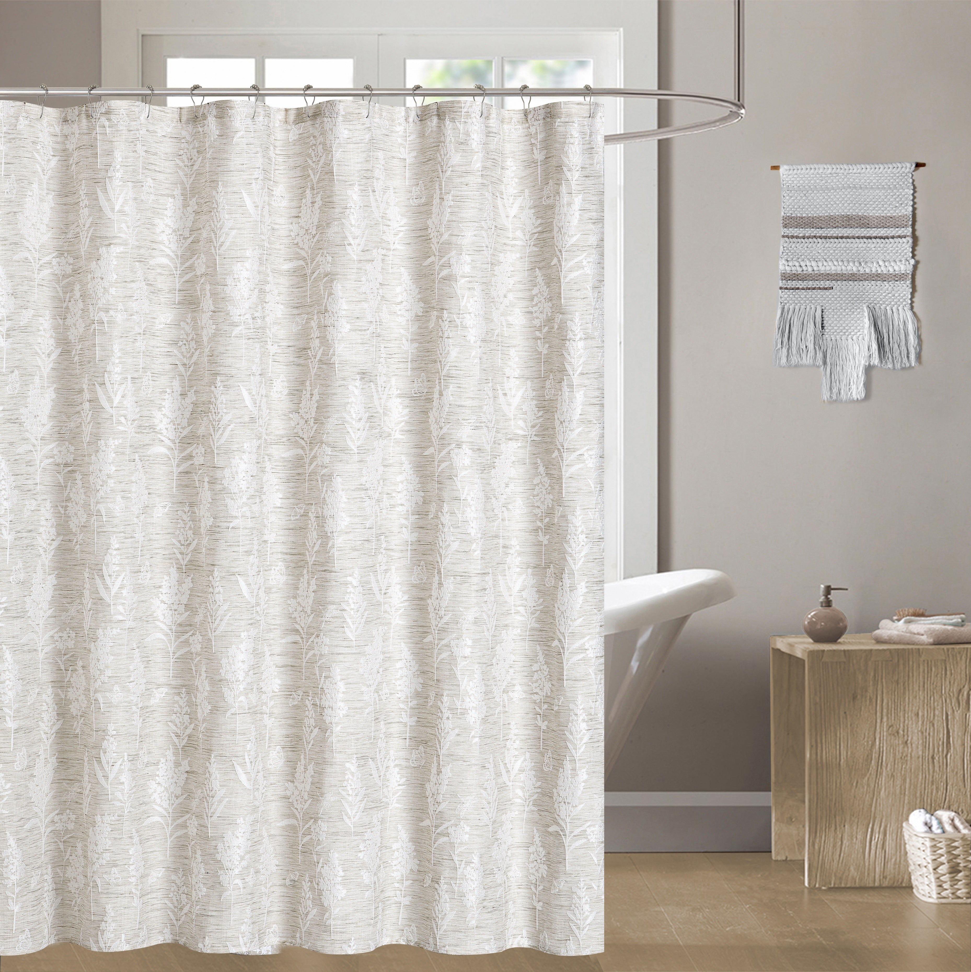 Dainty Home Justina Botanical Leaf Pattern Textured Soft Linen Textured Fabric Shower Curtain, 72" x 72"
