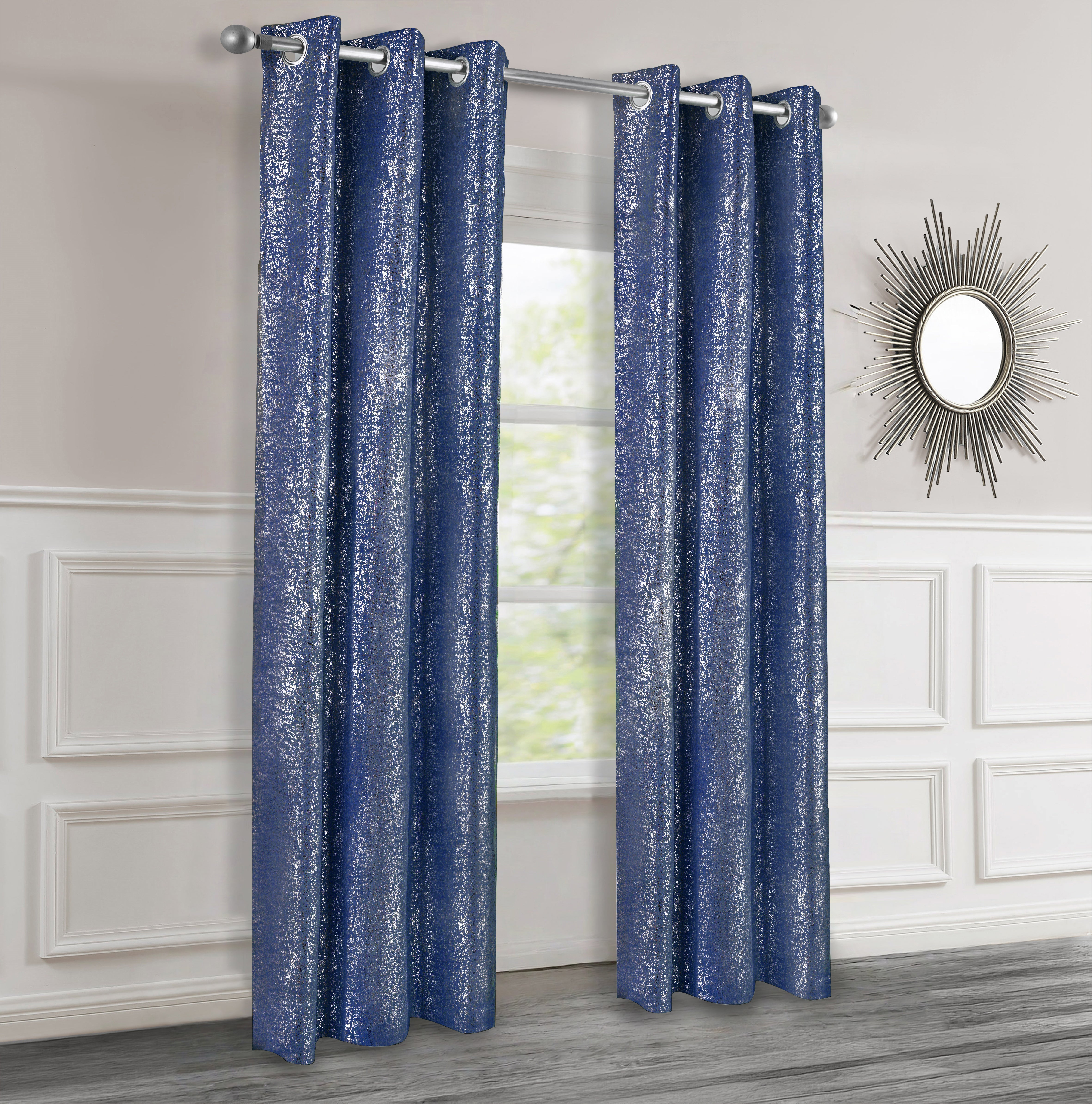 Navy Blue textured curtains with silver lurex hanging in a room with a mirror on the wall.