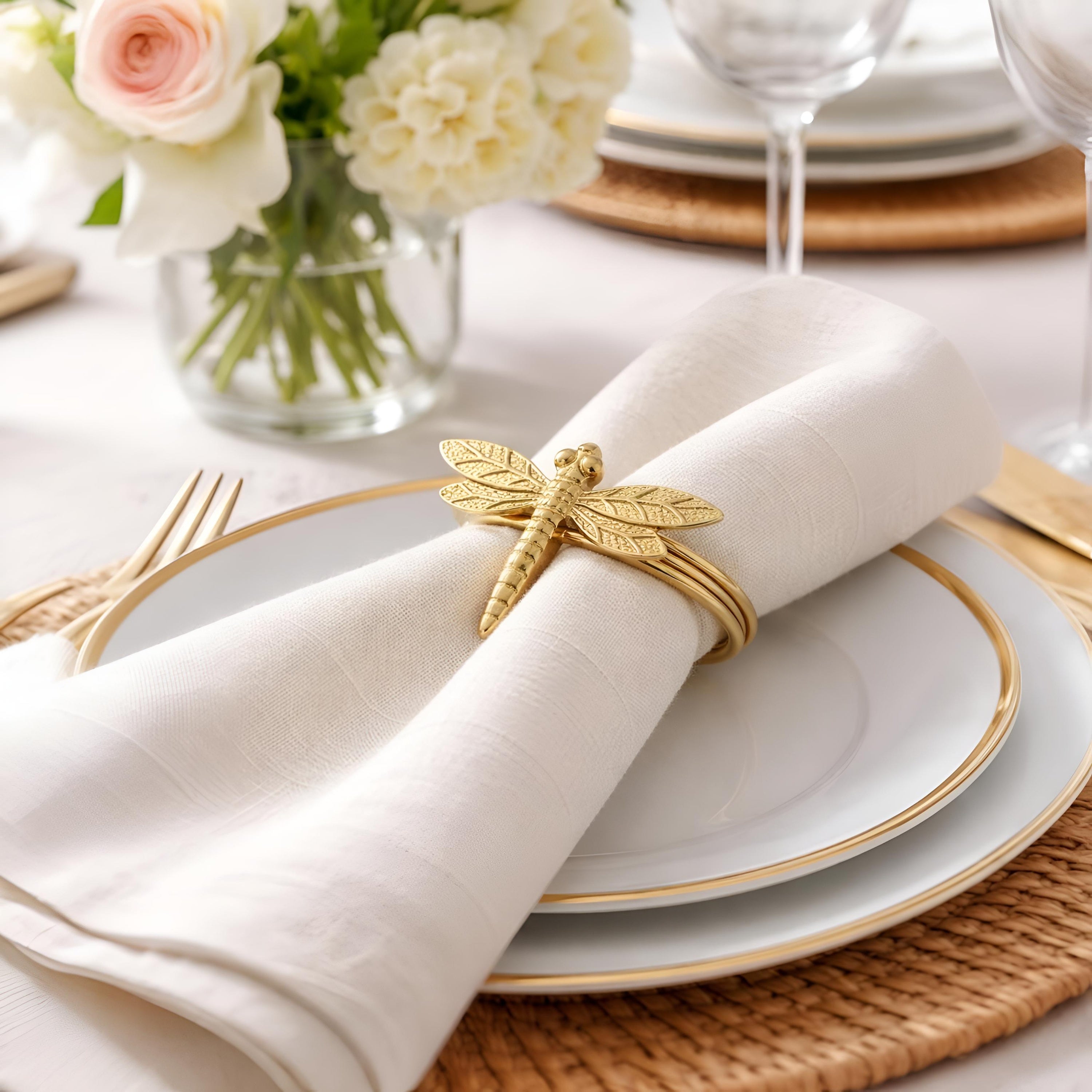 Dainty Home Dragonfly Napkin Rings Set of 4, Gold Metal Table Decor
