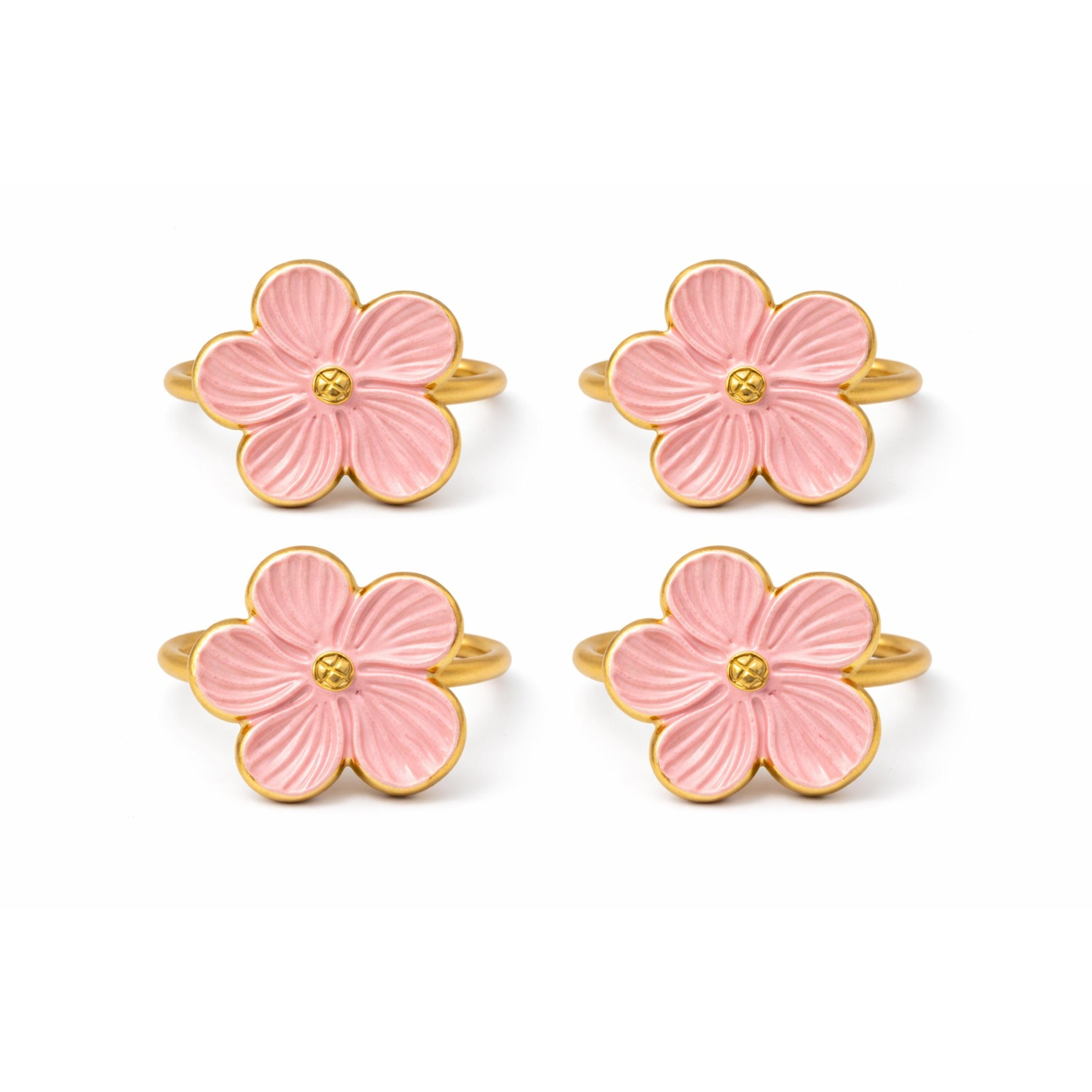 Dainty Home Pink Enamel Flower Napkin Rings Set of 4, Gold Metal Table Decor