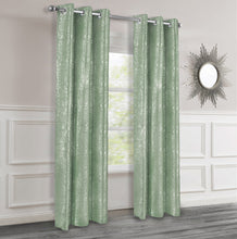 Load image into Gallery viewer, Sage Green textured curtains with silver lurex hanging in a room with a mirror on the wall.
