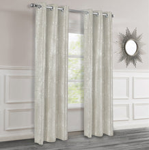 Load image into Gallery viewer, Beige textured curtains with silver lurex hanging in a room with a mirror on the wall.
