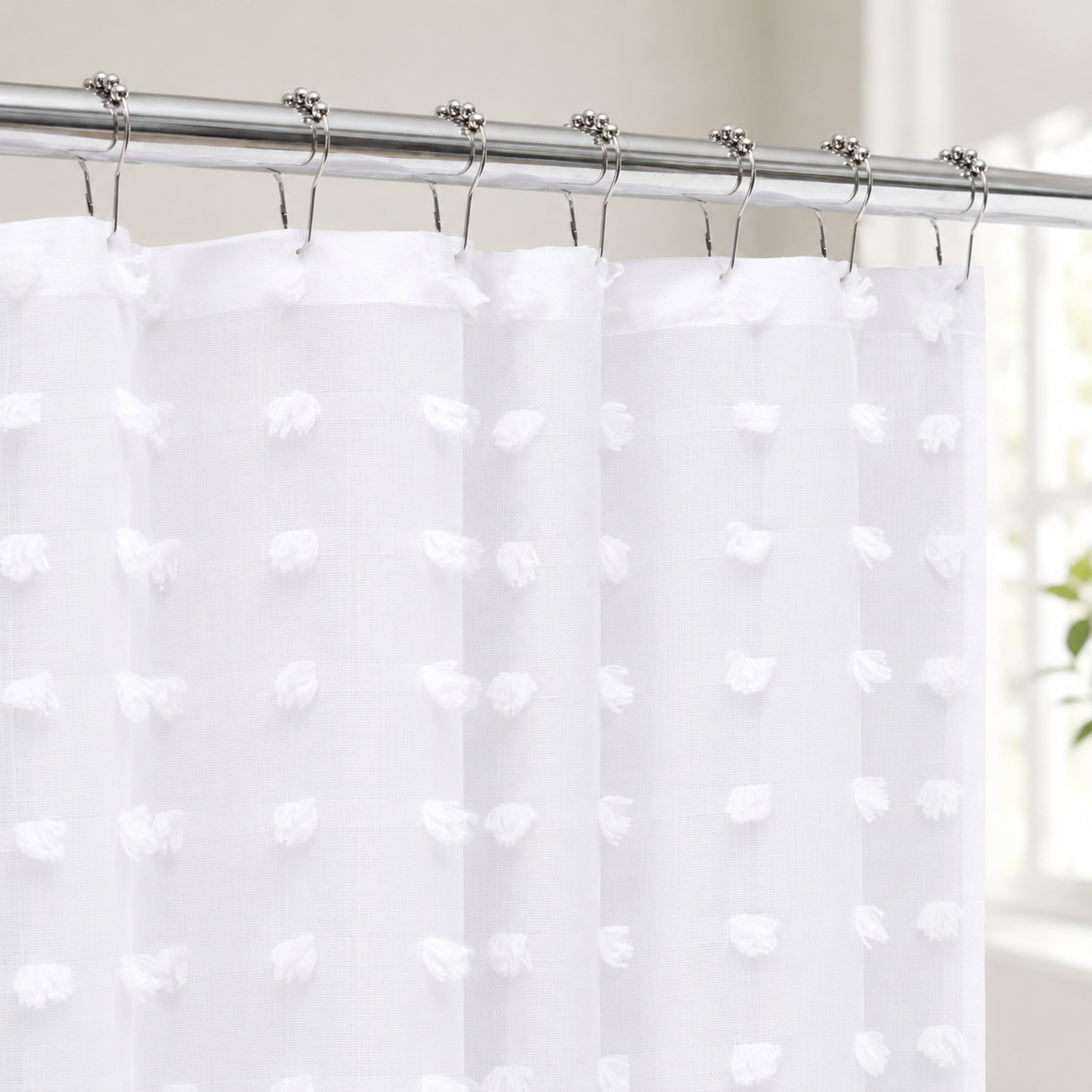 Dainty Home Snowball Modern 3D Linen-Look Fabric Shower Curtain With 3D Cotton Like Puffs
