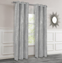 Load image into Gallery viewer, Silver textured curtains with silver lurex hanging in a room with a mirror on the wall.
