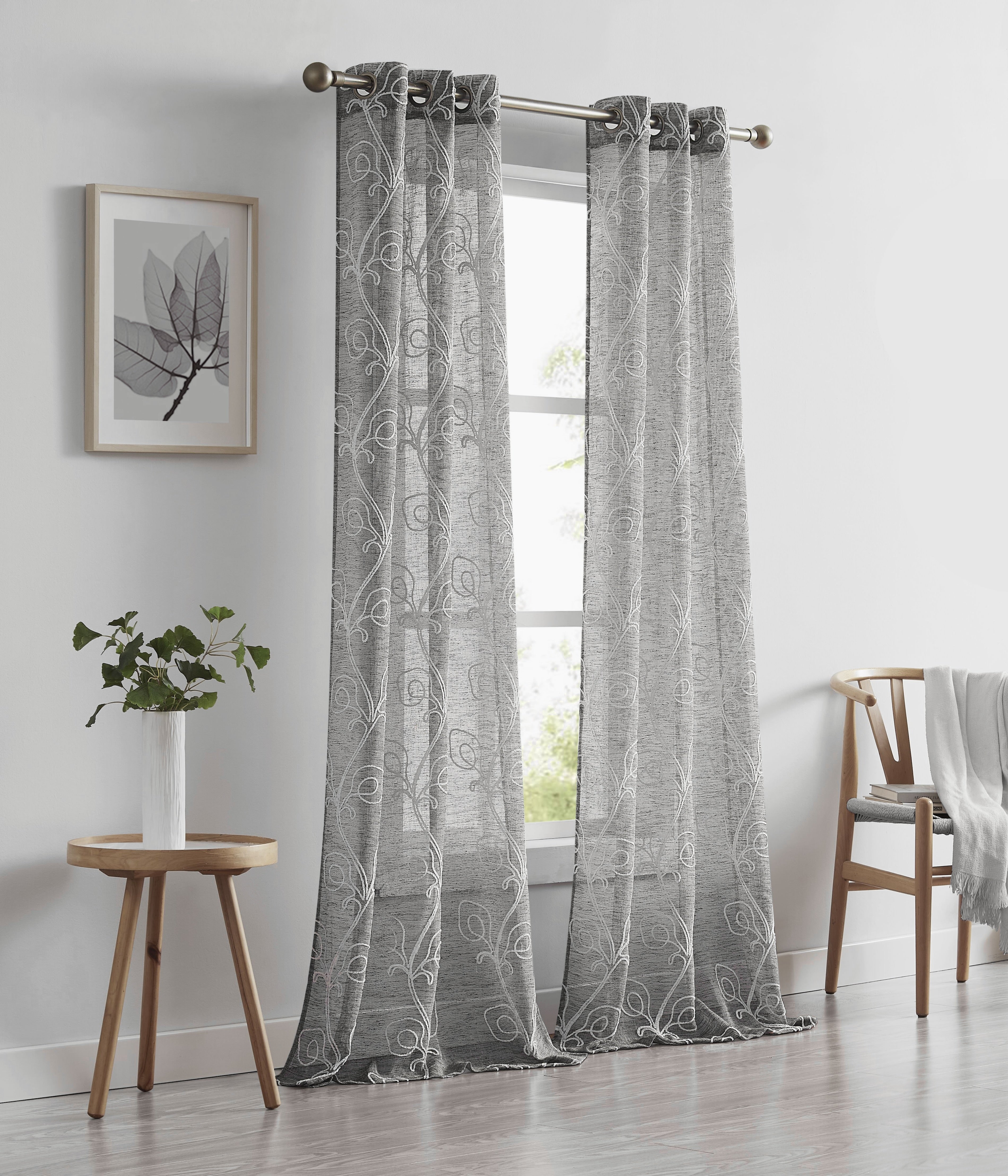 Dainty Home Stella Linen Look Boho Solid Fabric With 3D Floral Chenille Embroidery Light Filtering Grommet Panel Pair