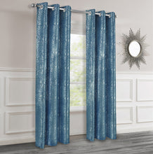 Load image into Gallery viewer, Teal textured curtains with silver lurex hanging in a room with a mirror on the wall.
