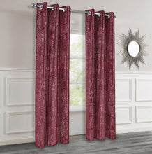 Load image into Gallery viewer, Burgundy textured curtains with silver lurex hanging in a room with a mirror on the wall.
