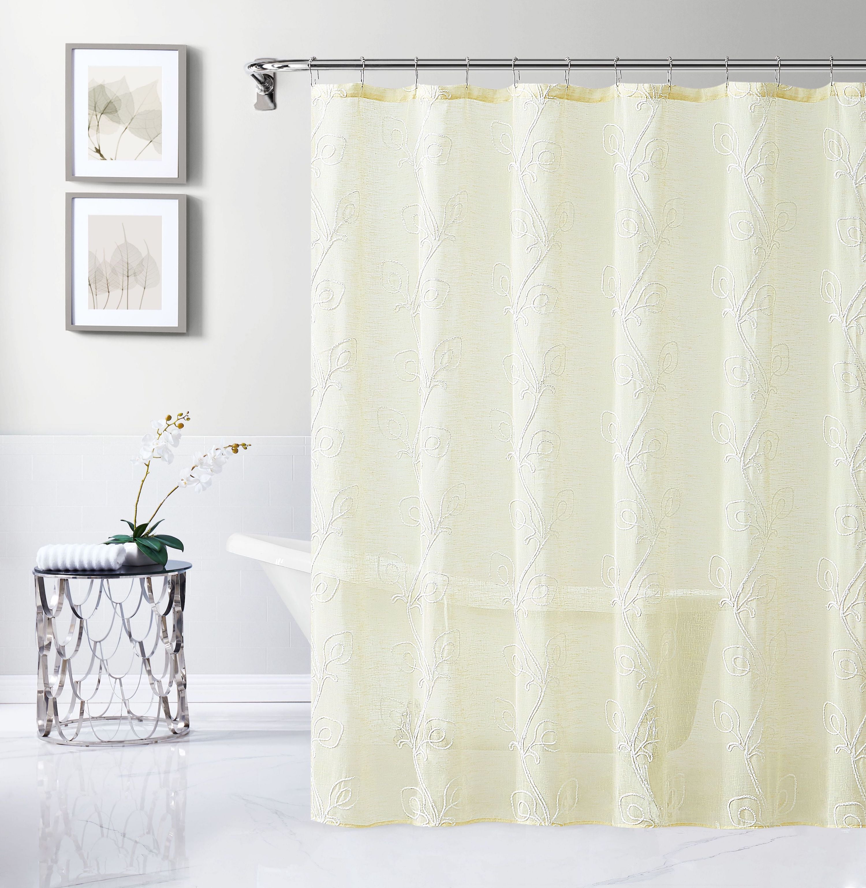 Dainty Home Stella 3D Linen Look Textured Floral 3D Chenille Designed Fabric Shower Curtain