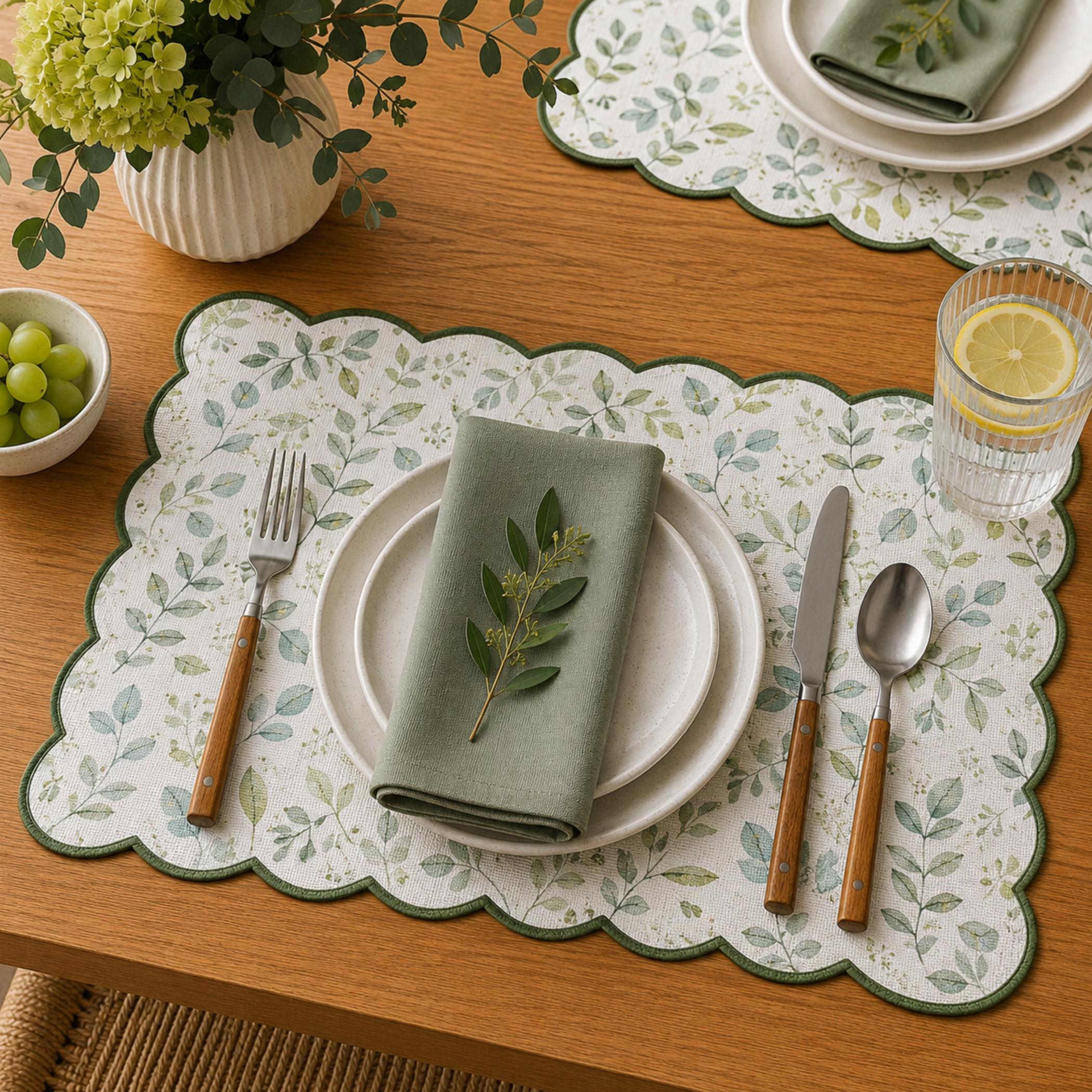 Dainty Home Leaves Woven Vinyl Scalloped Border Rectangular Placemat Set Of 6 13" x 19"