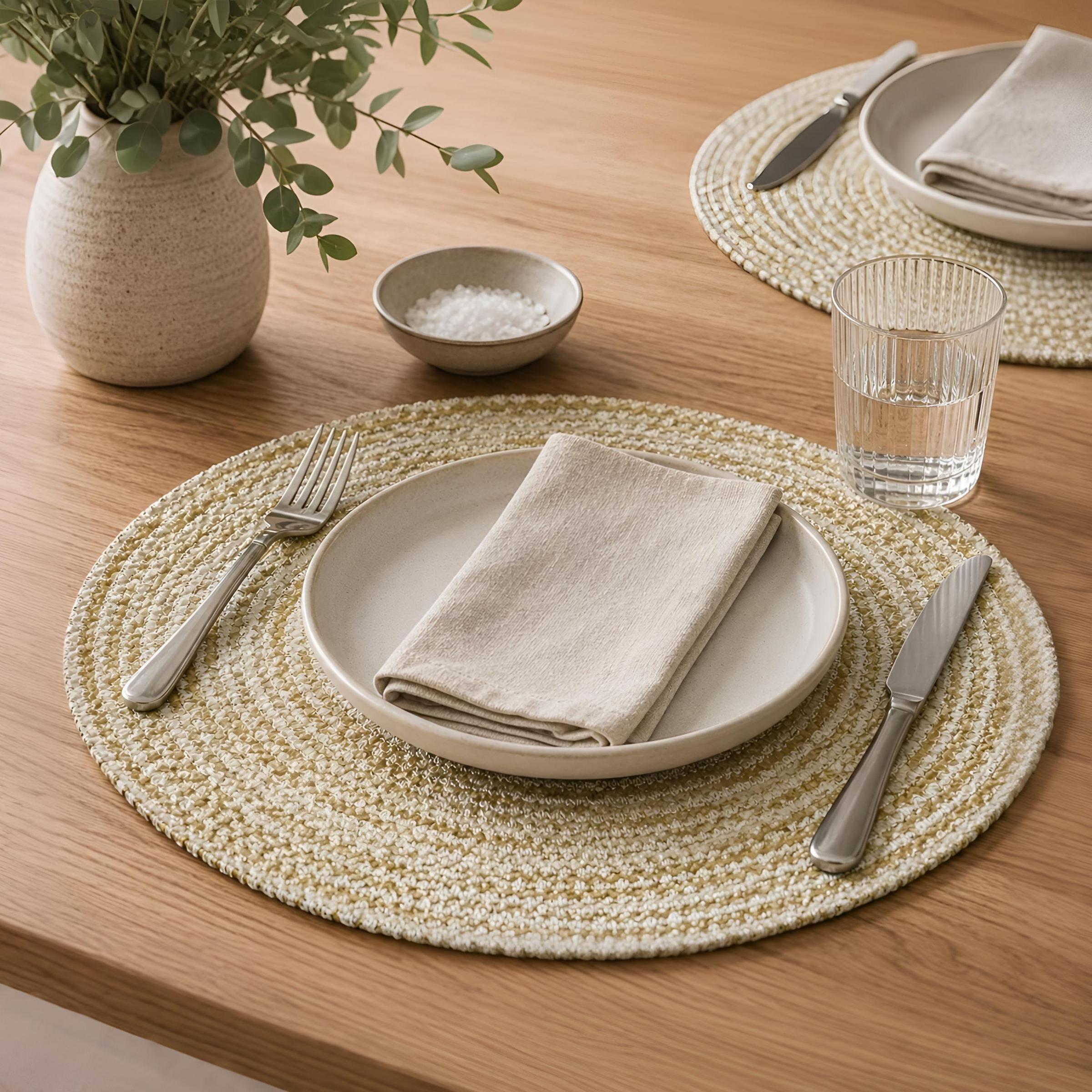 Dainty Home Kaleidoscope 15" Round Woven Placemats with Metallic Thread, Set of 4 – Durable & Reversible