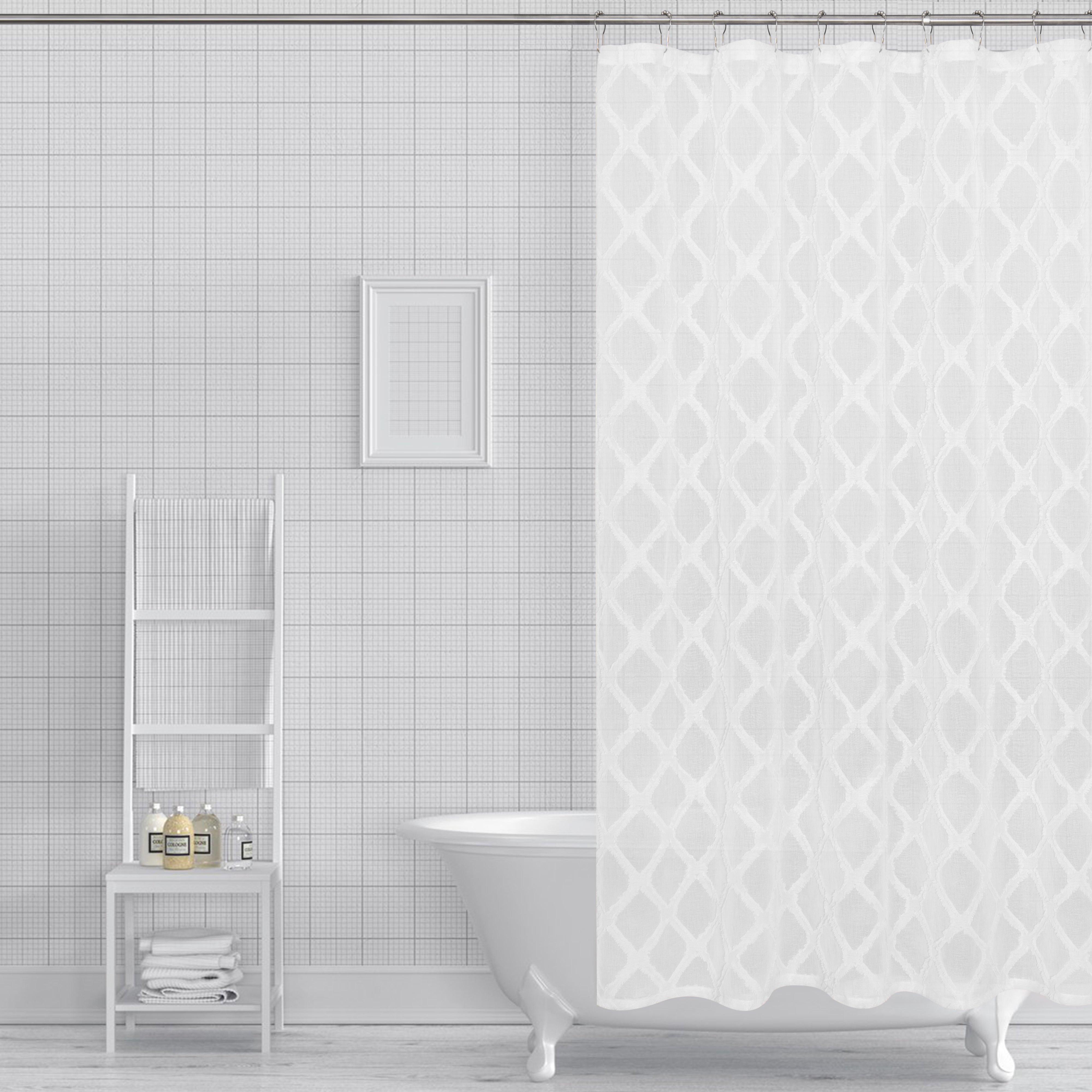 Dainty Home Aurora Modern 3D Chenille Embroidered Diamonds Linen-Look Shower Curtain