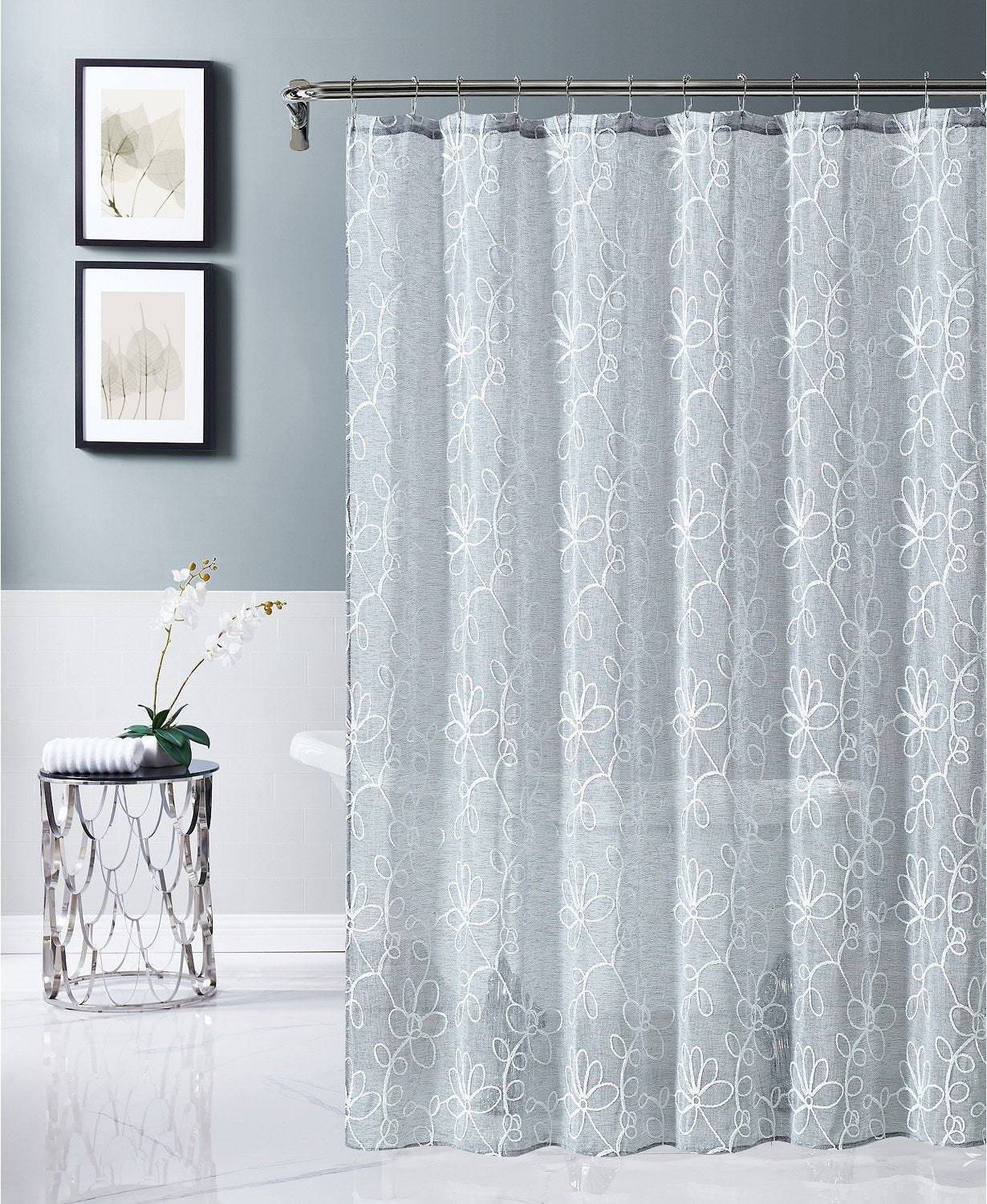 Dainty Home Rita 3D Linen Look Textured Floral 3D Chenille Designed Fabric Shower Curtain