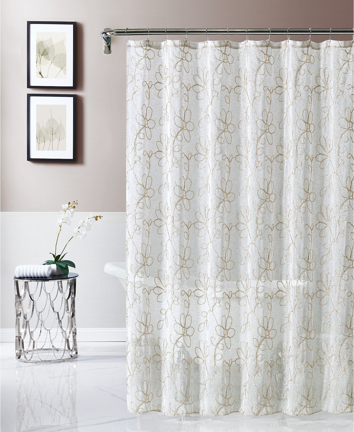 Dainty Home Rita 3D Linen Look Textured Floral 3D Chenille Designed Fabric Shower Curtain