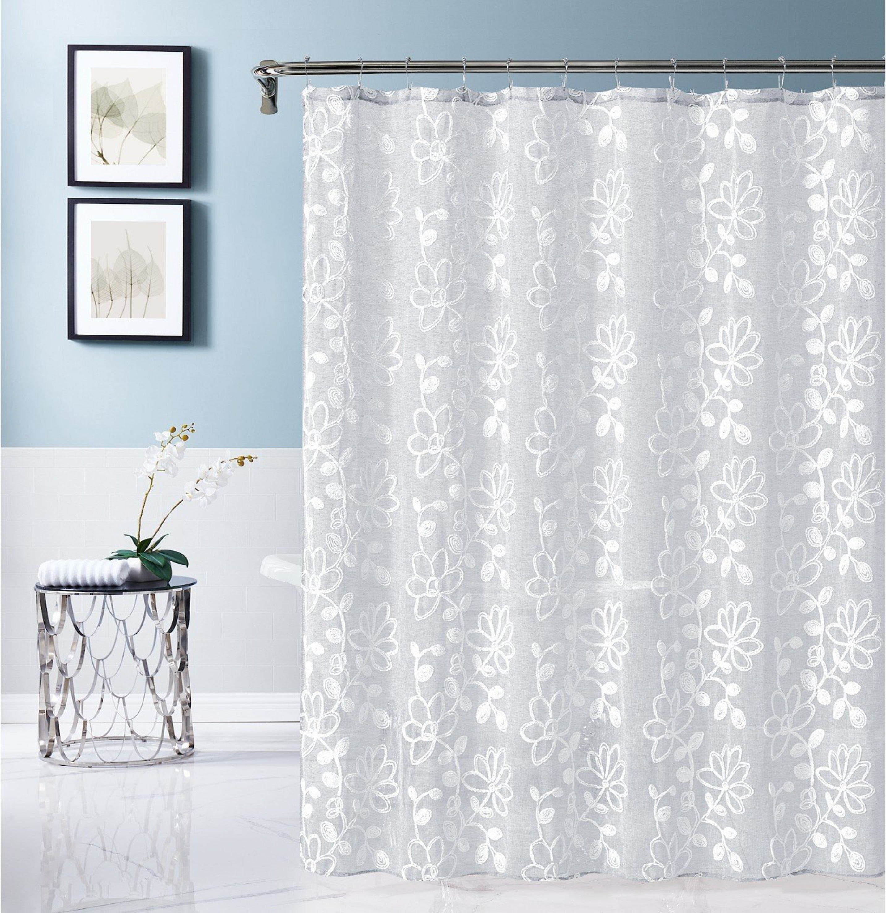 Dainty Home Rita 3D Linen Look Textured Floral 3D Chenille Designed Fabric Shower Curtain