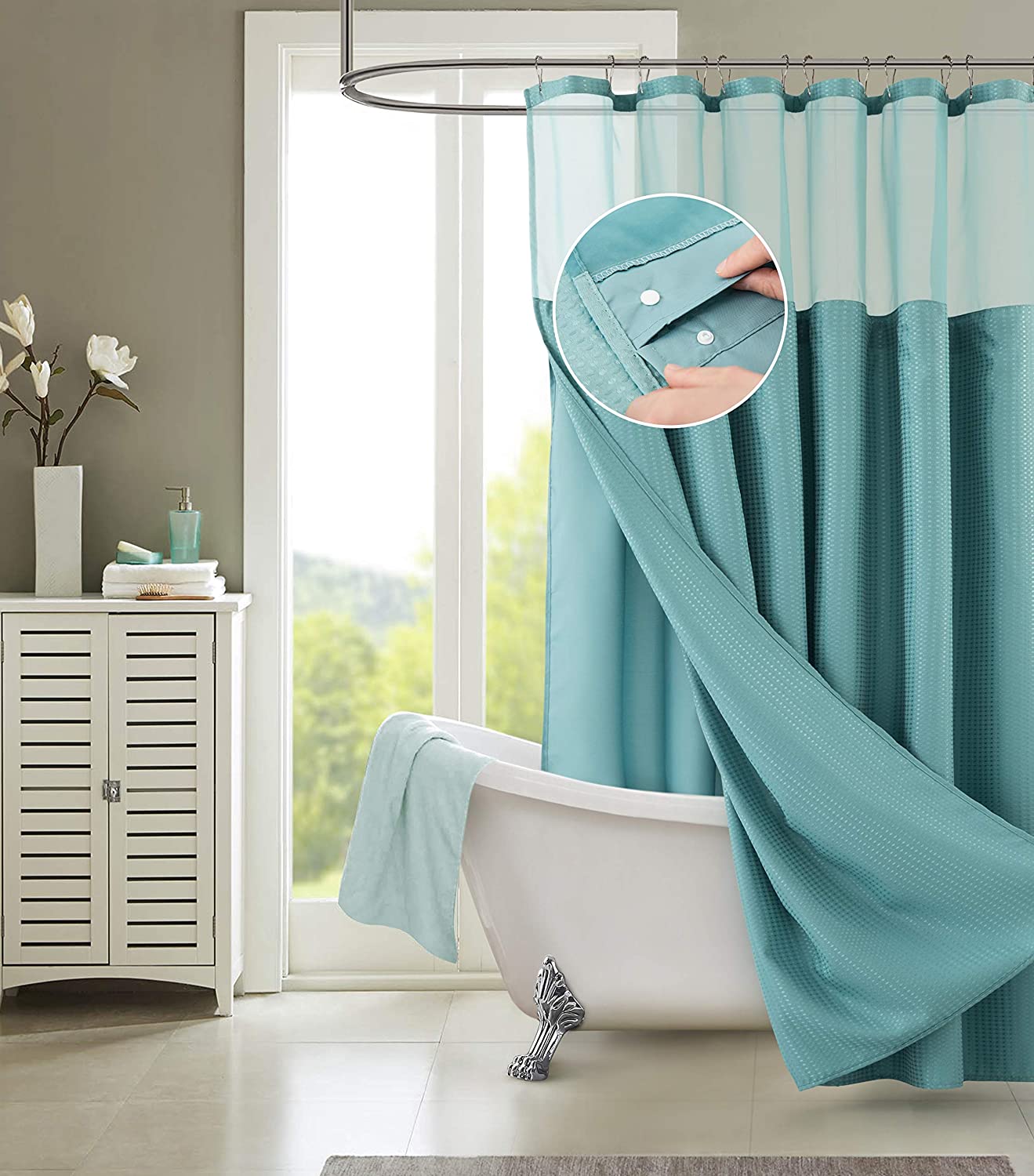 Dainty Home Complete 2 in 1 Waffle Weave Hotel Spa Style Fabric Shower Curtain Snap On/Off Waterproof Detachable Liner Set