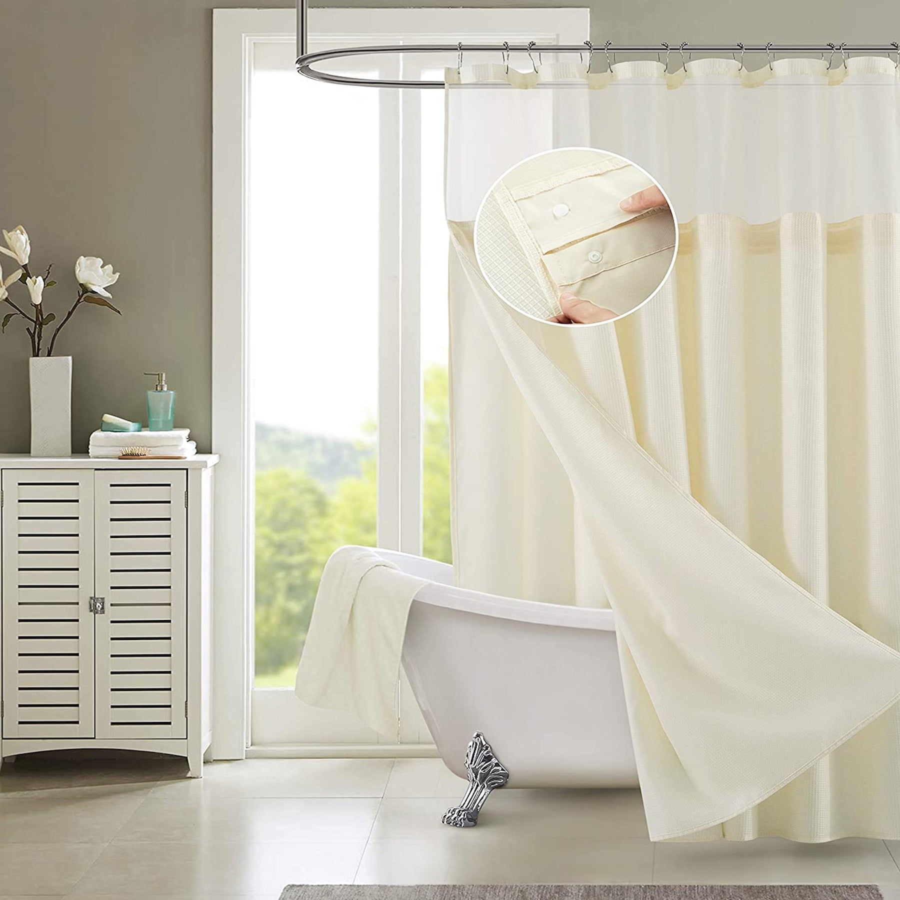 Dainty Home Complete 2 in 1 Waffle Weave Hotel Spa Style Fabric Shower Curtain Snap On/Off Waterproof Detachable Liner Set