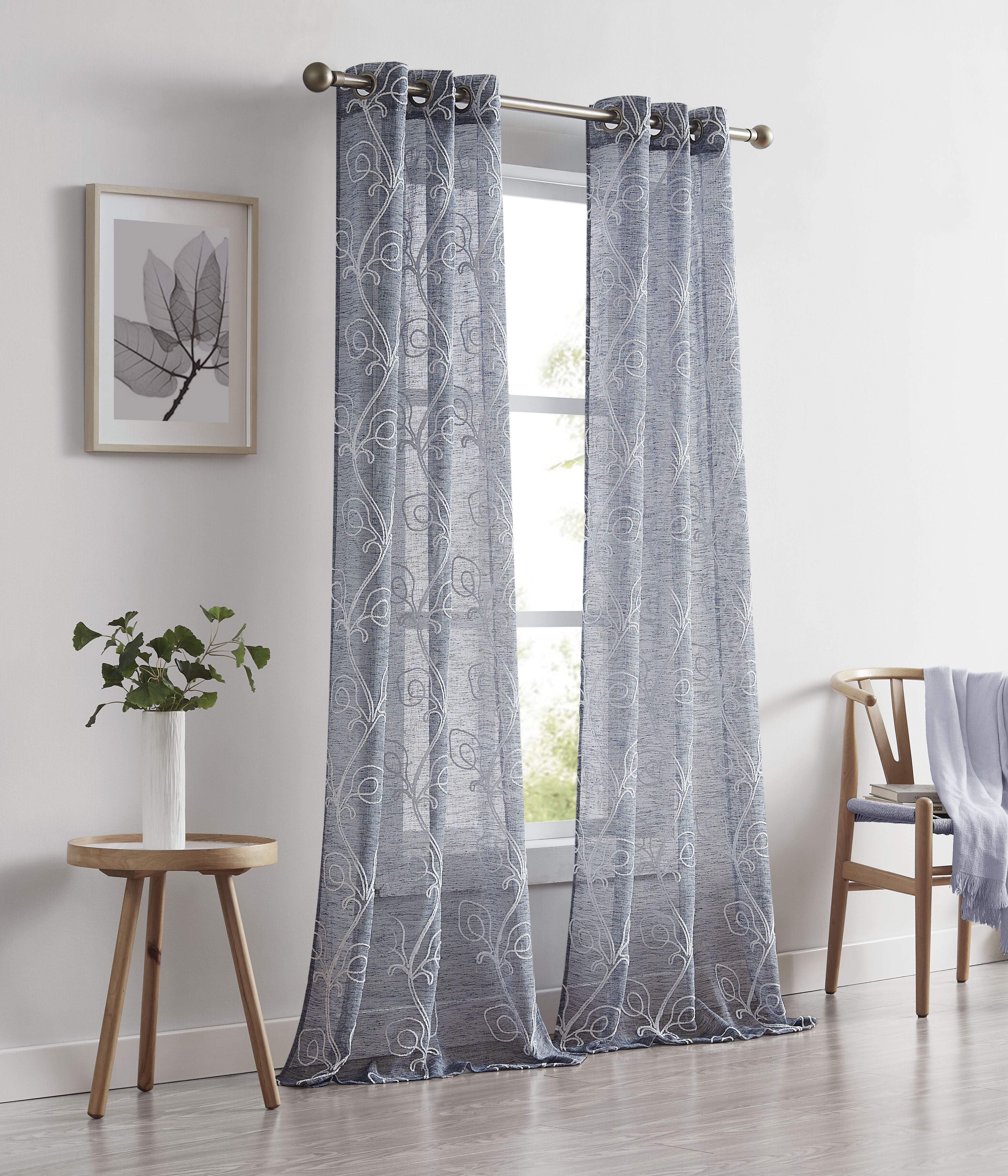 Dainty Home Stella Linen Look Boho Solid Fabric With 3D Floral Chenille Embroidery Light Filtering Grommet Panel Pair