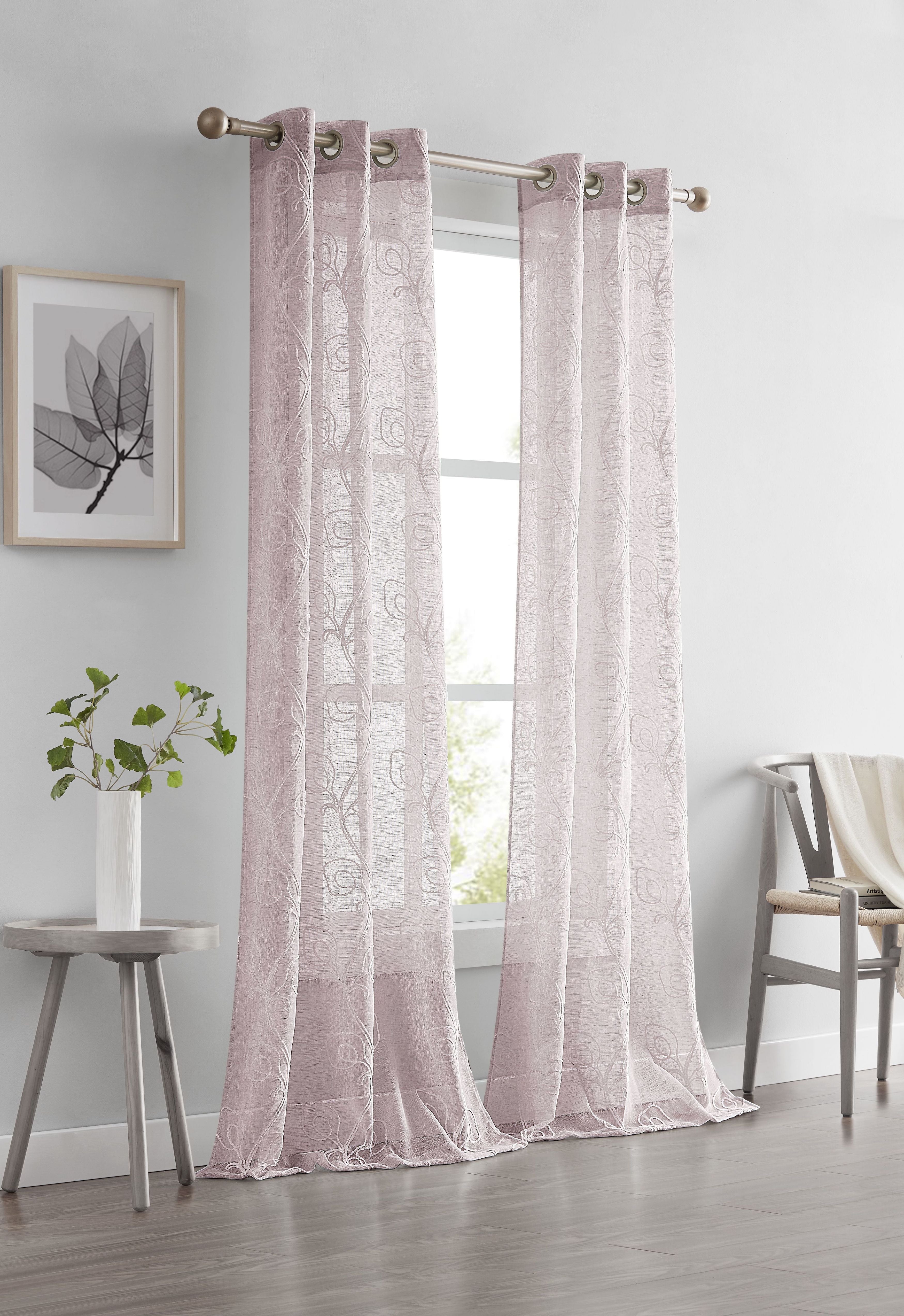 Dainty Home Stella Linen Look Boho Solid Fabric With 3D Floral Chenille Embroidery Light Filtering Grommet Panel Pair