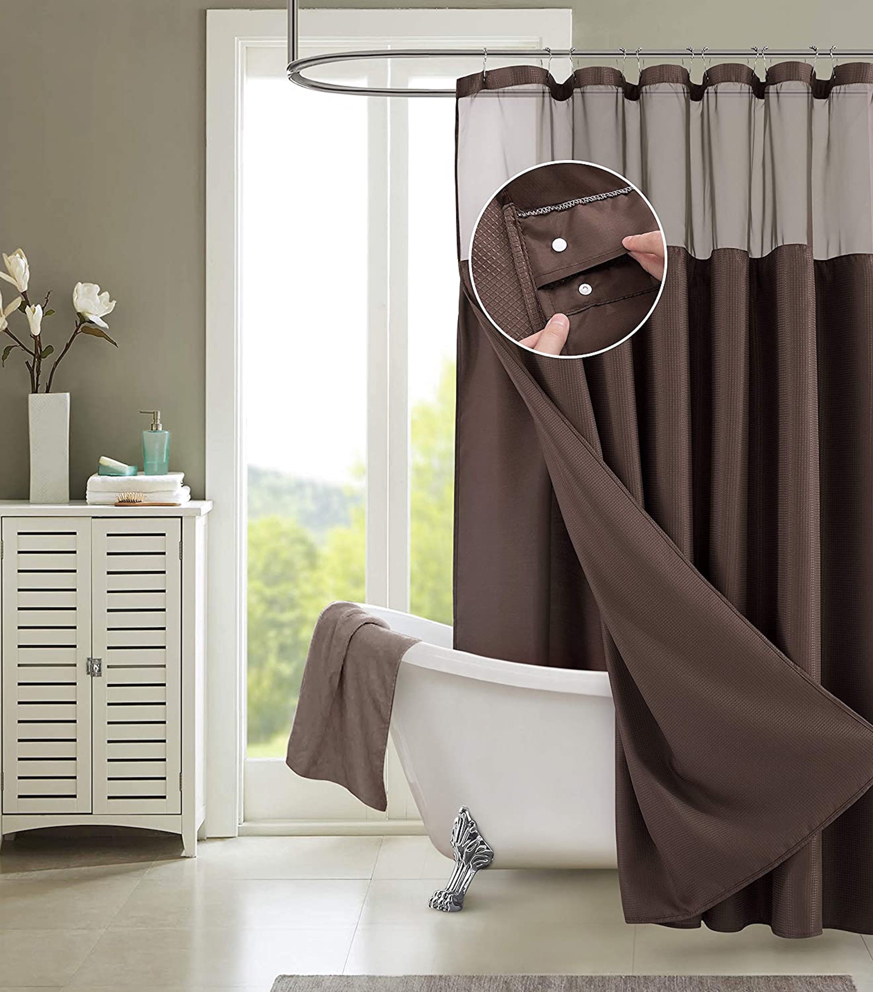 Dainty Home Complete 2 in 1 Waffle Weave Hotel Spa Style Fabric Shower Curtain Snap On/Off Waterproof Detachable Liner Set