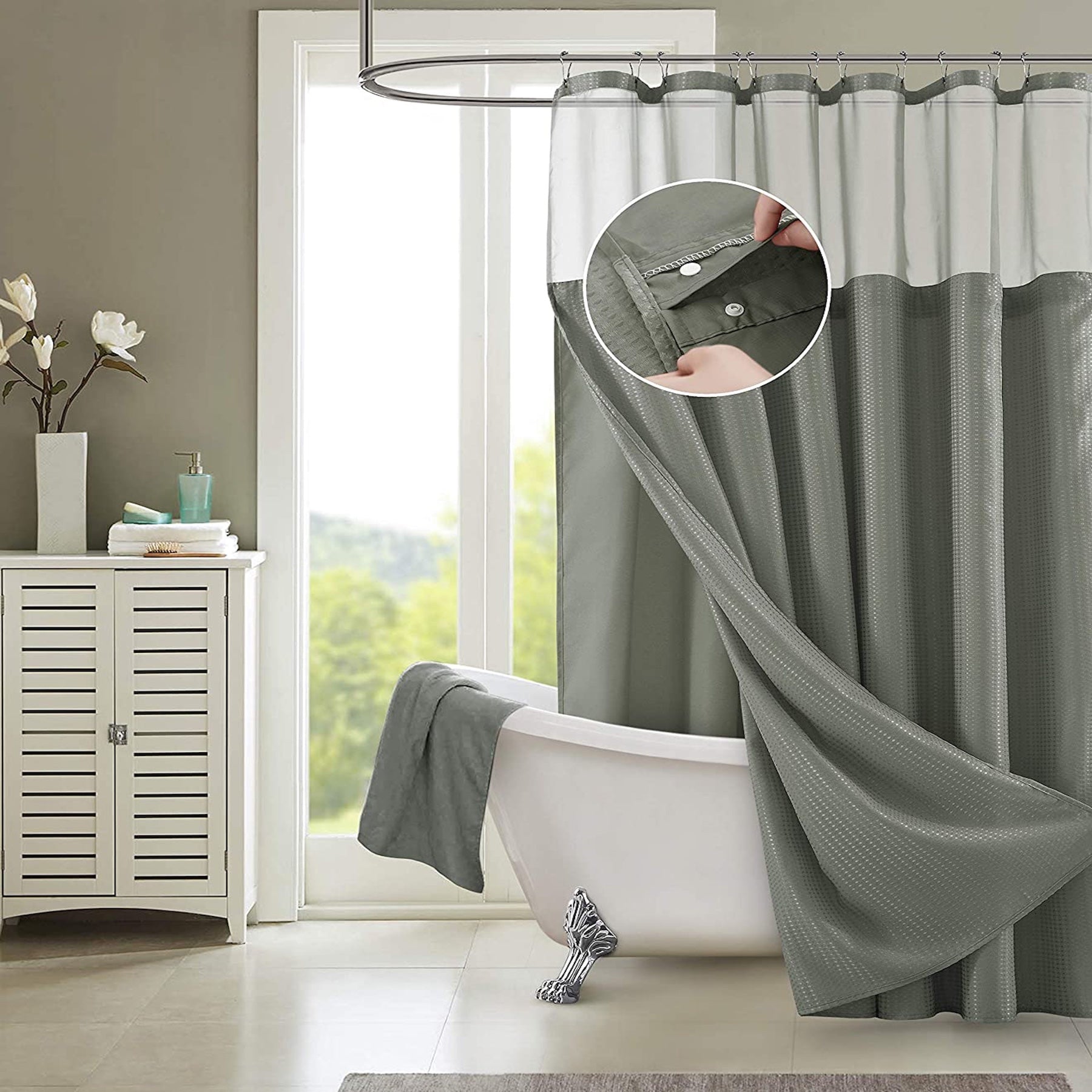 Dainty Home Complete 2 in 1 Waffle Weave Hotel Spa Style Fabric Shower Curtain Snap On/Off Waterproof Detachable Liner Set
