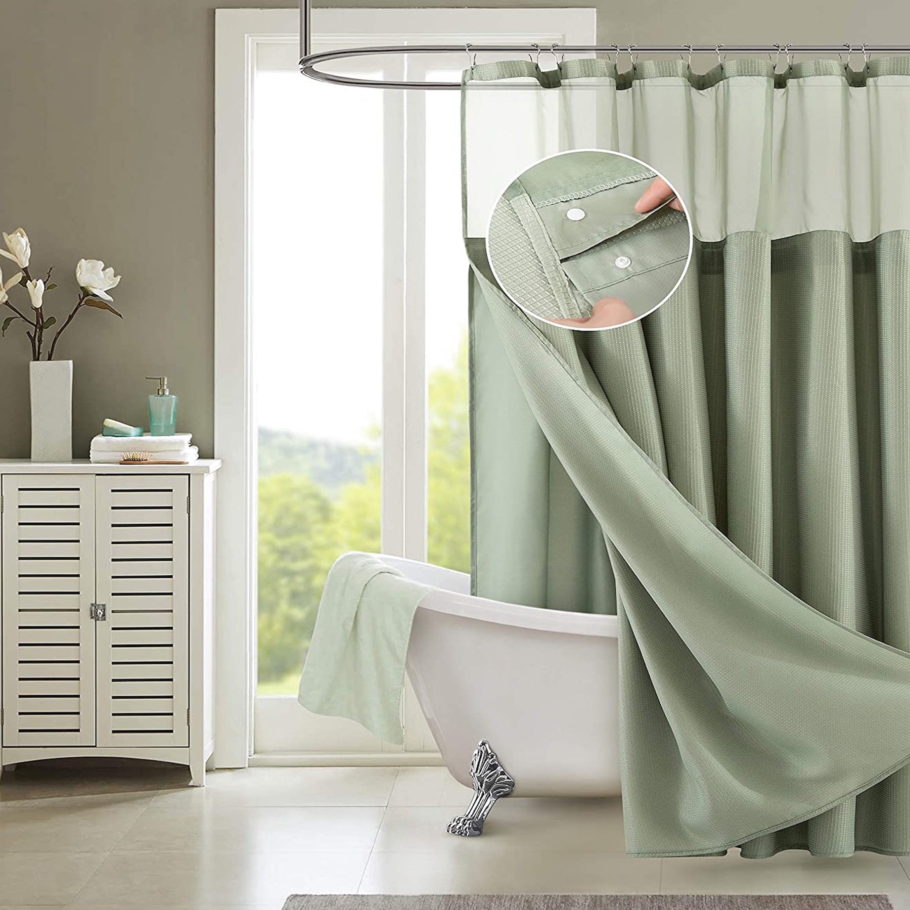 Dainty Home Complete 2 in 1 Waffle Weave Hotel Spa Style Fabric Shower Curtain Snap On/Off Waterproof Detachable Liner Set