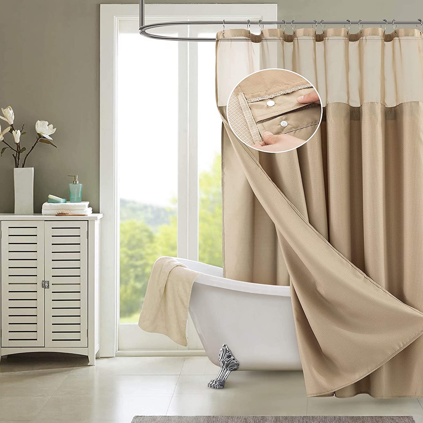 Dainty Home Complete 2 in 1 Waffle Weave Hotel Spa Style Fabric Shower Curtain Snap On/Off Waterproof Detachable Liner Set