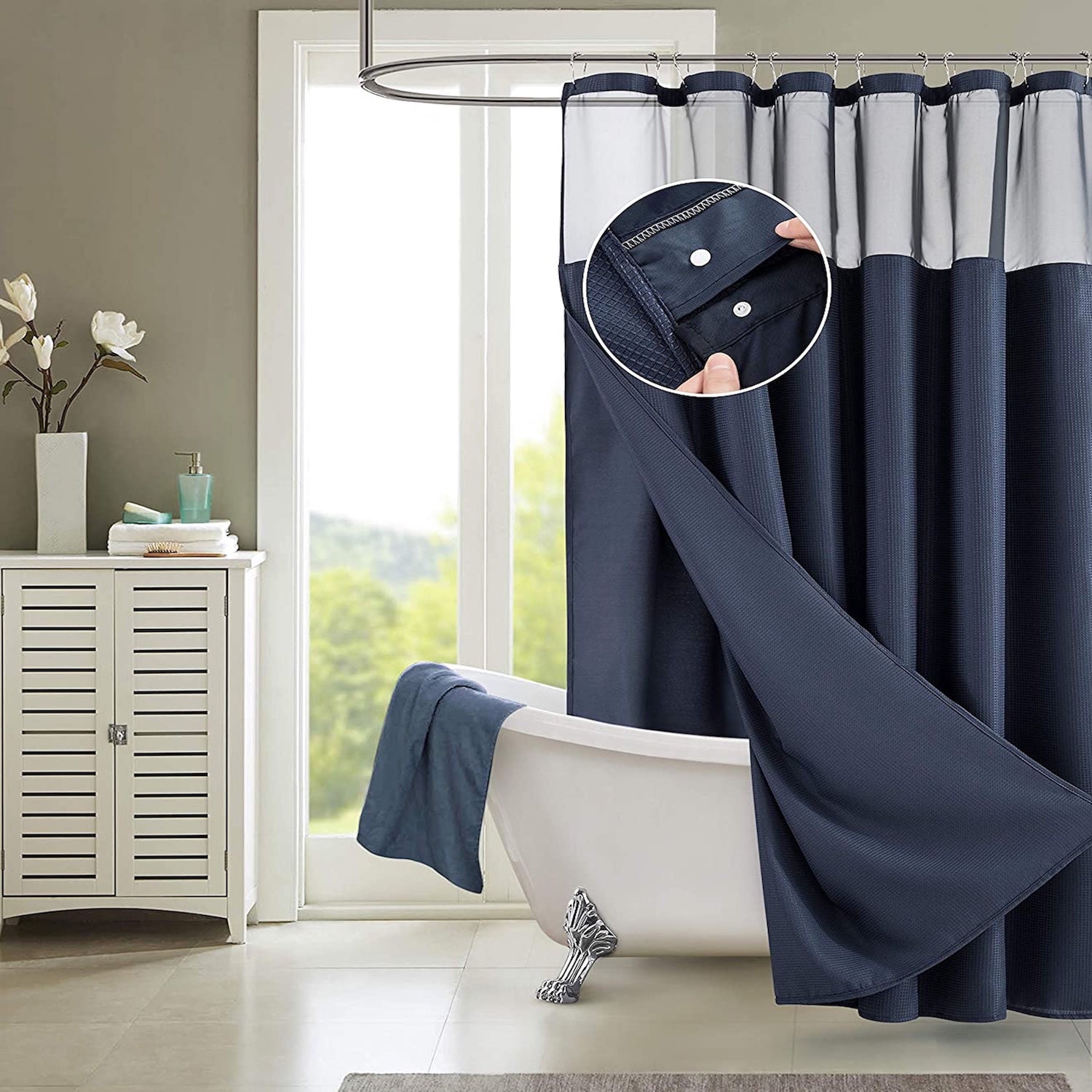 Dainty Home Complete 2 in 1 Waffle Weave Hotel Spa Style Fabric Shower Curtain Snap On/Off Waterproof Detachable Liner Set