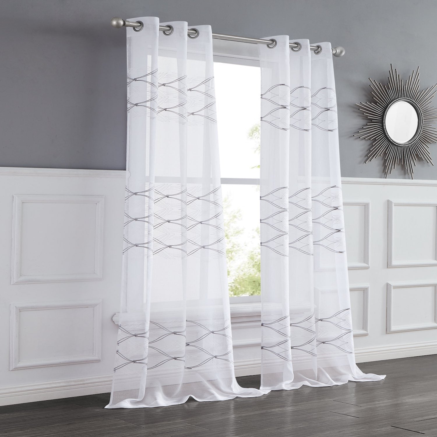Dainty Home New Wave Boho 3D Wave Embroidered Striped Design Linen Look Light Filtering Grommet Panel Pair