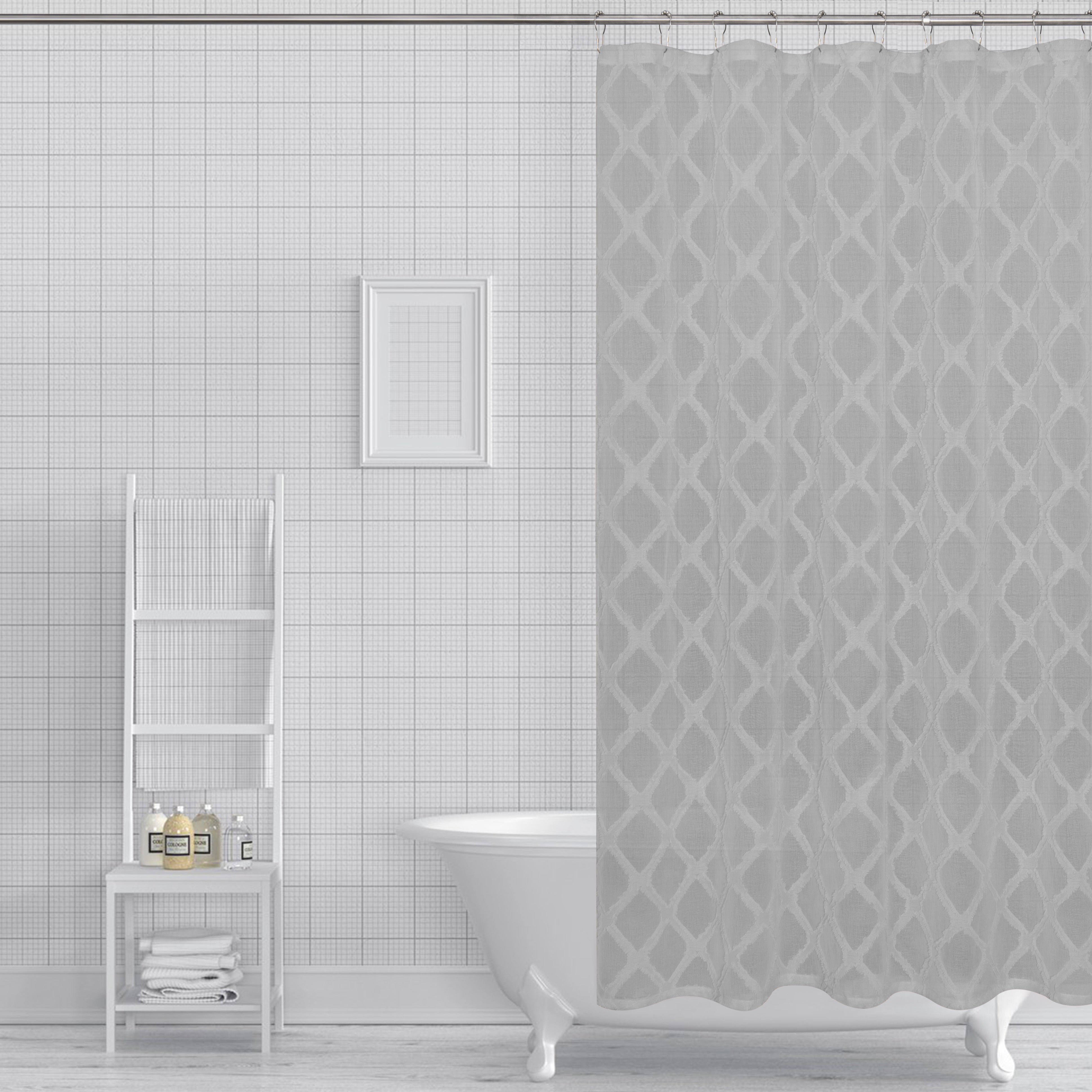 Dainty Home Aurora Modern 3D Chenille Embroidered Diamonds Linen-Look Shower Curtain
