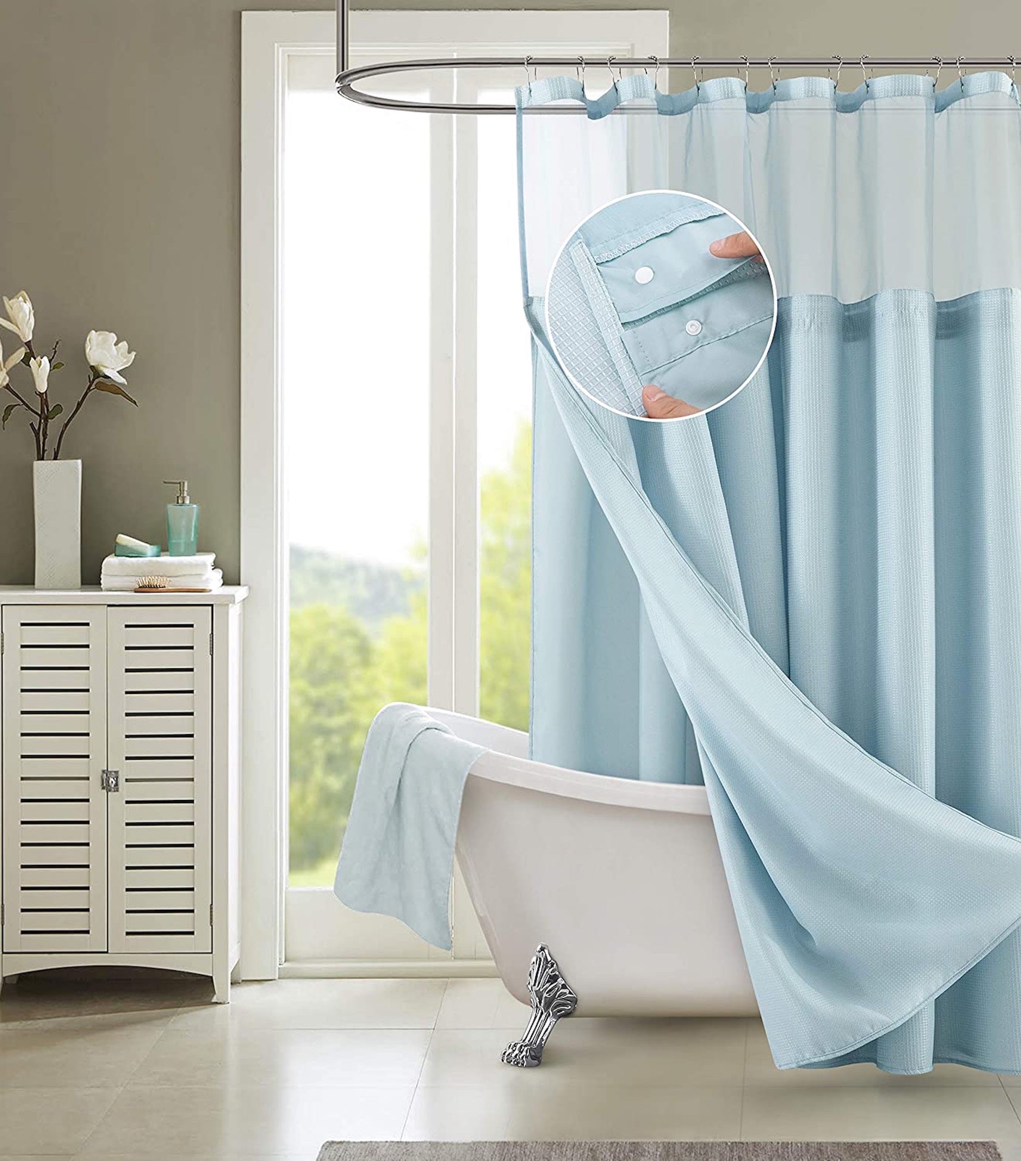 Dainty Home Complete 2 in 1 Waffle Weave Hotel Spa Style Fabric Shower Curtain Snap On/Off Waterproof Detachable Liner Set