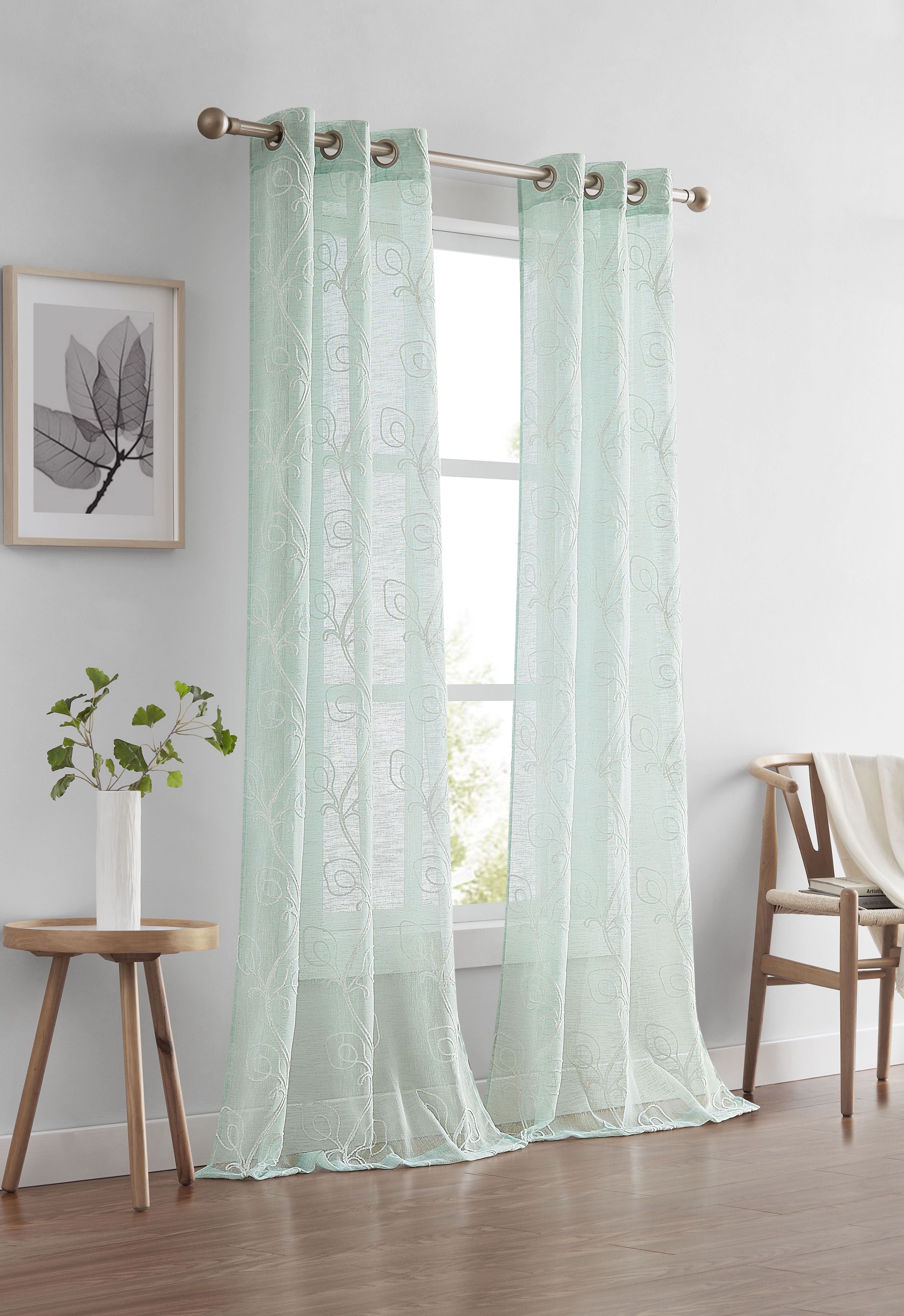 Dainty Home Stella Linen Look Boho Solid Fabric With 3D Floral Chenille Embroidery Light Filtering Grommet Panel Pair