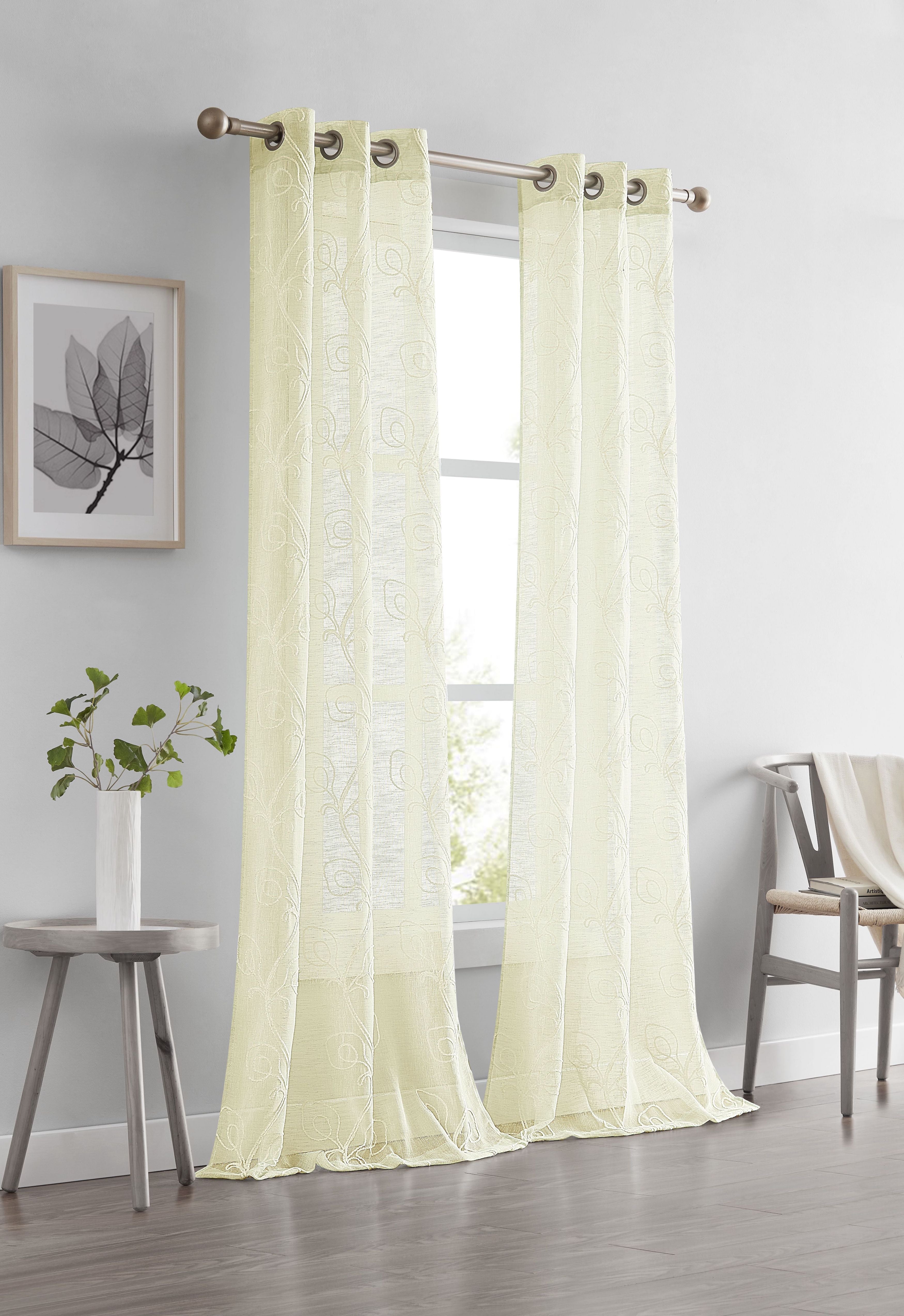 Dainty Home Stella Linen Look Boho Solid Fabric With 3D Floral Chenille Embroidery Light Filtering Grommet Panel Pair