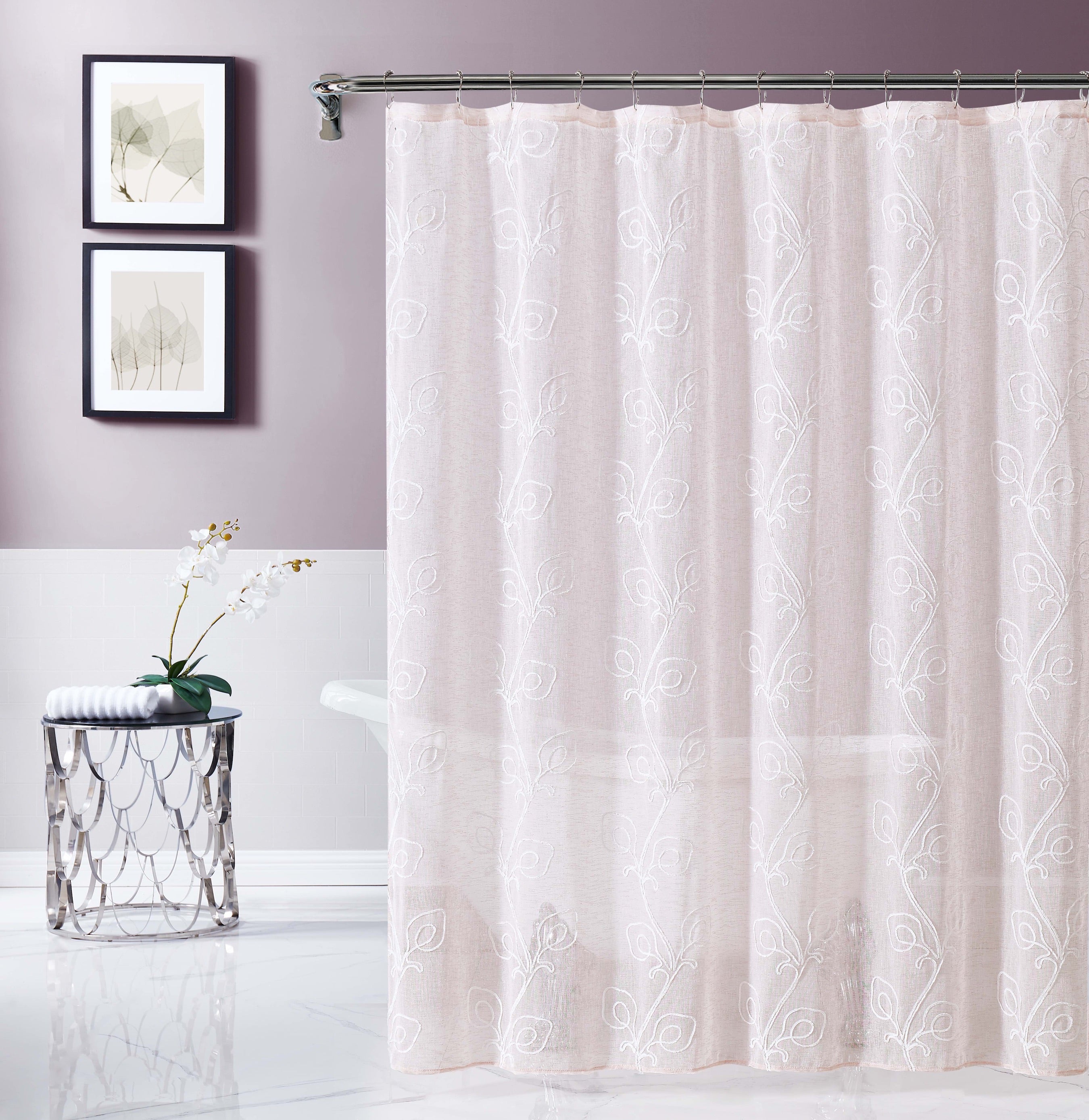 Dainty Home Stella 3D Linen Look Textured Floral 3D Chenille Designed Fabric Shower Curtain